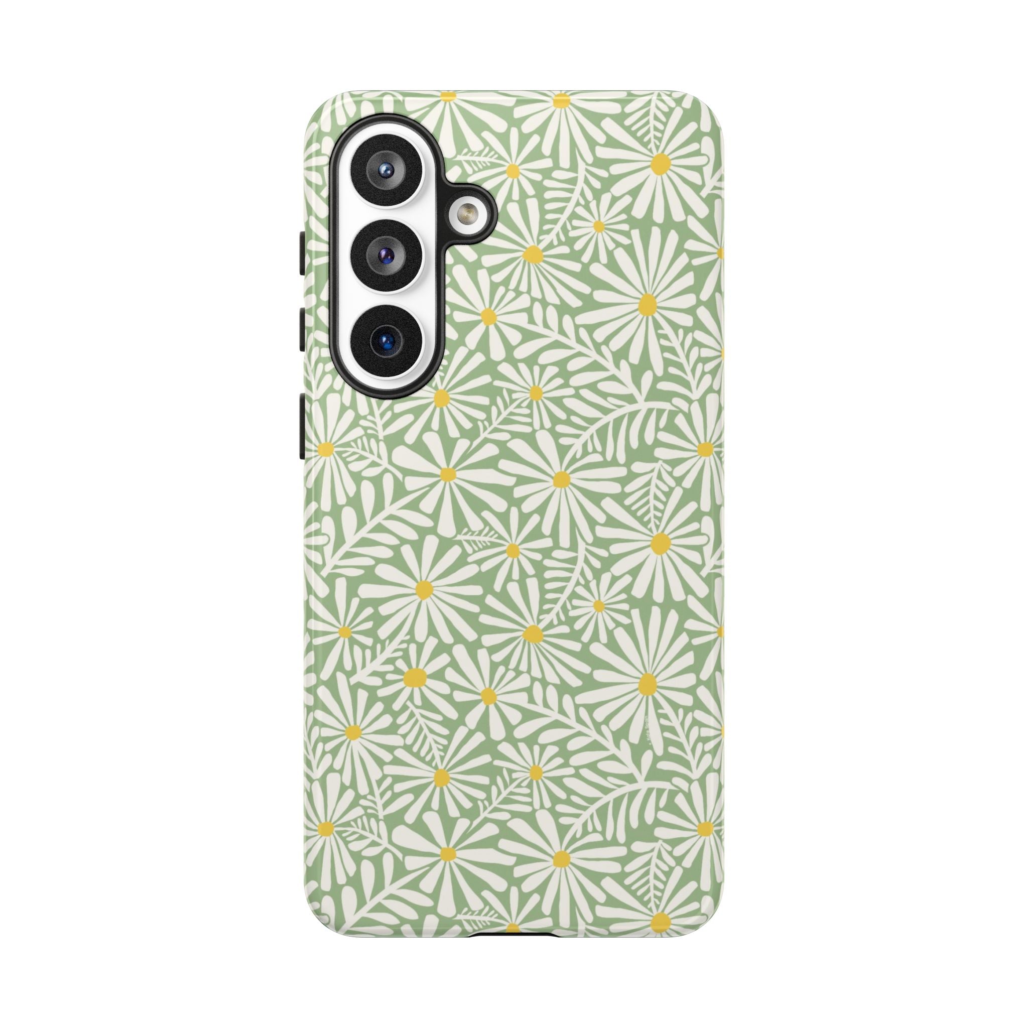 Montauk Daisy Meadow Green Samsung Galaxy S26 Plus Glossy case — white daisy and fern print on sage green by Kate Spain