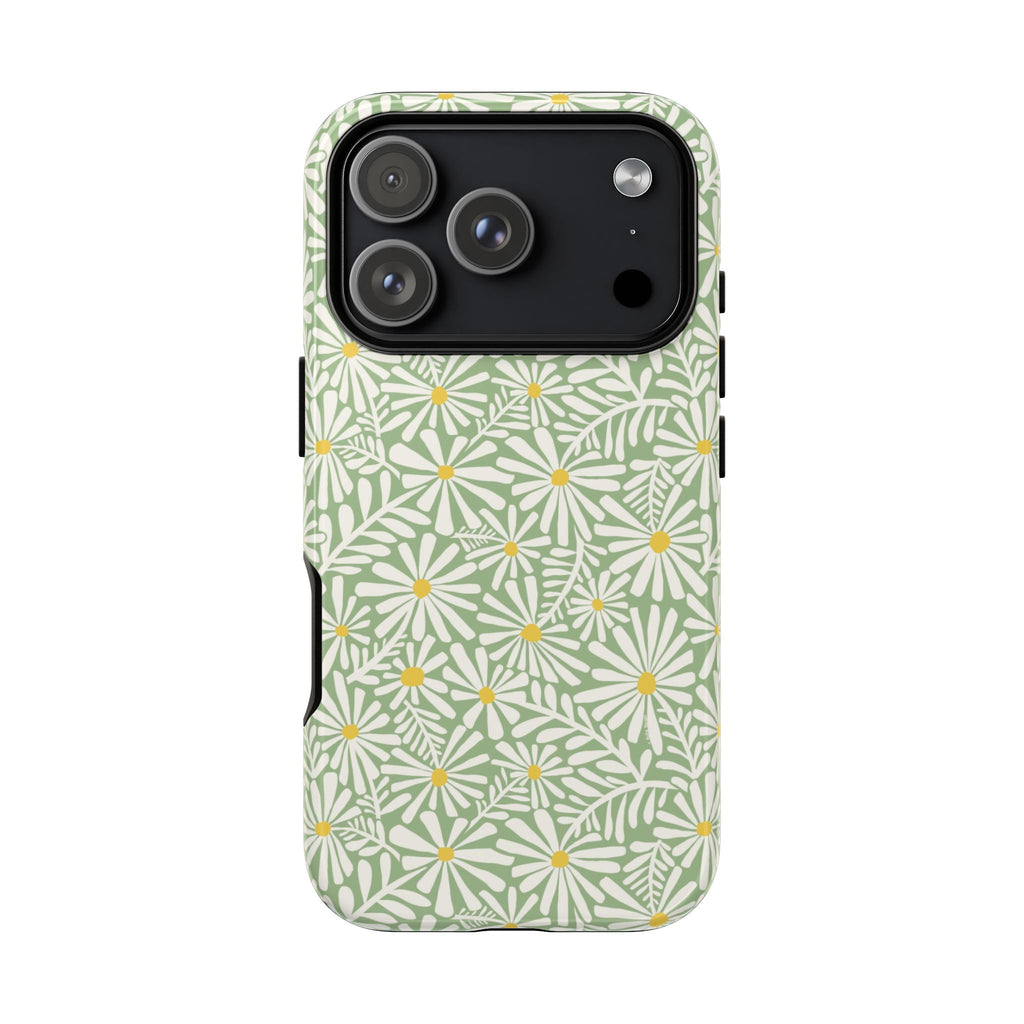 Montauk Daisy Meadow Green iPhone 17 Air Case – Glossy | sage green, white graphic daisy and fern print, golden yellow centers | dual-layer protection