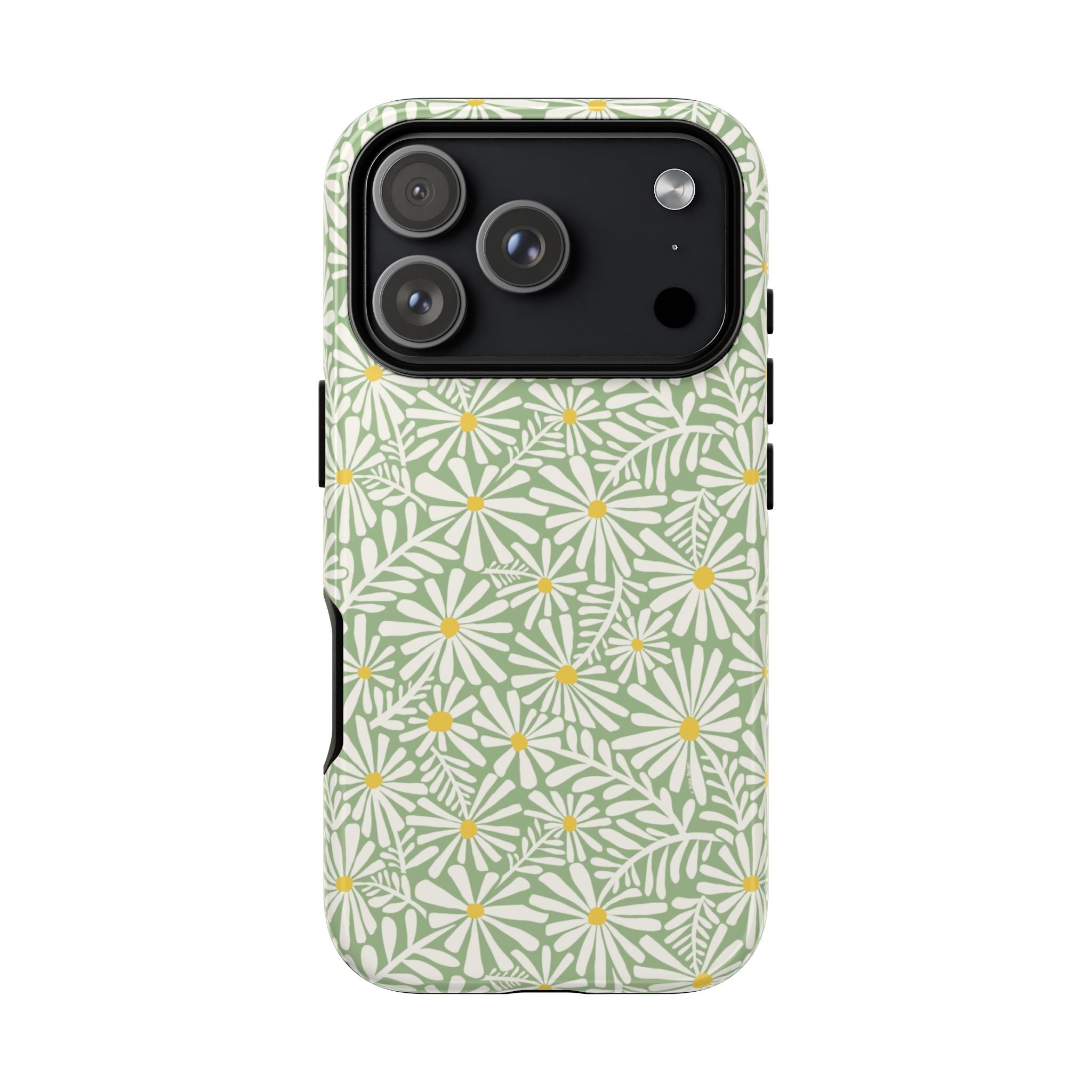 Montauk Daisy Meadow Green iPhone 17 Air Case – Glossy | sage green, white graphic daisy and fern print, golden yellow centers | dual-layer protection