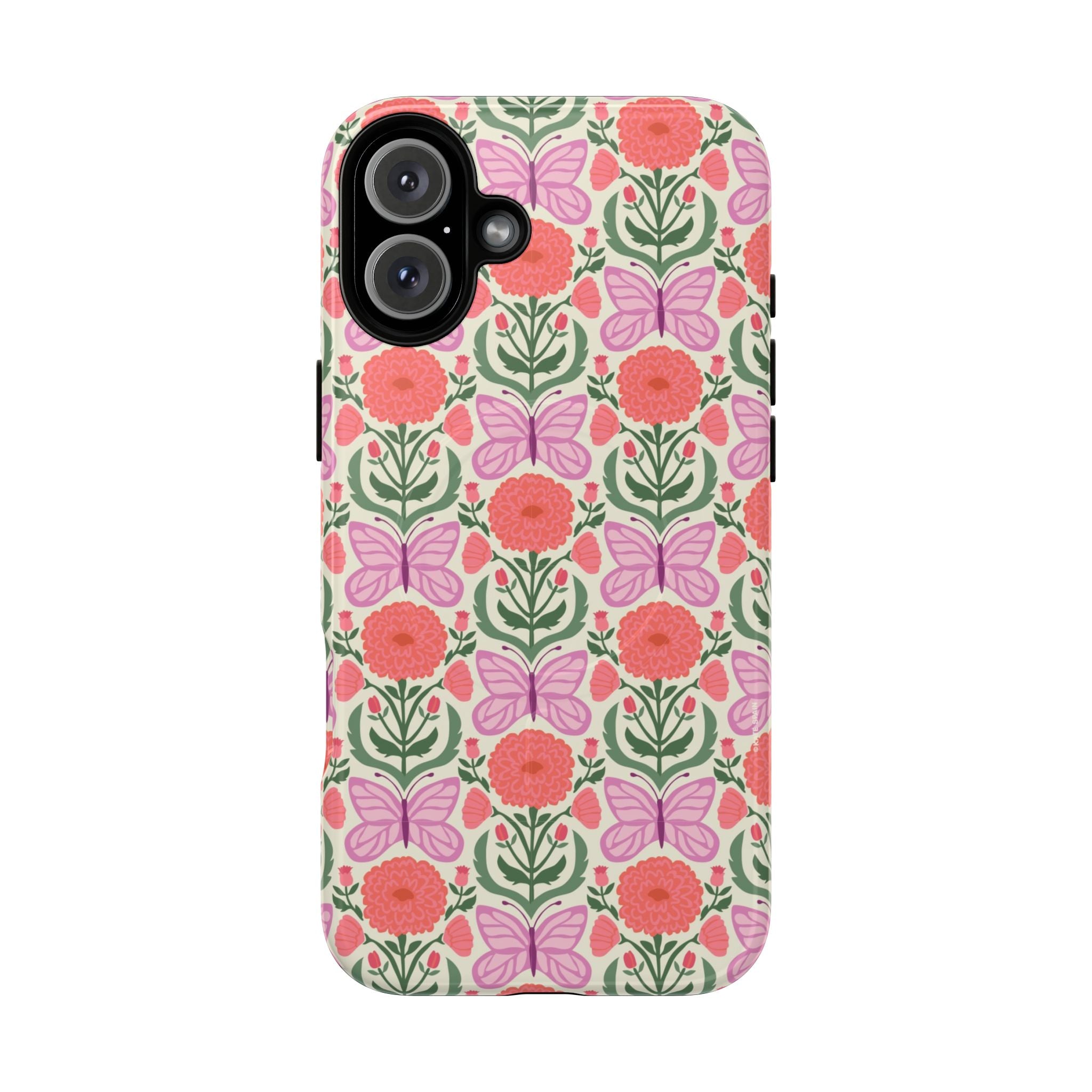 Pink Butterfly MagSafe iPhone 16 Plus Case – Glossy | pink, coral, green, cream butterfly floral print