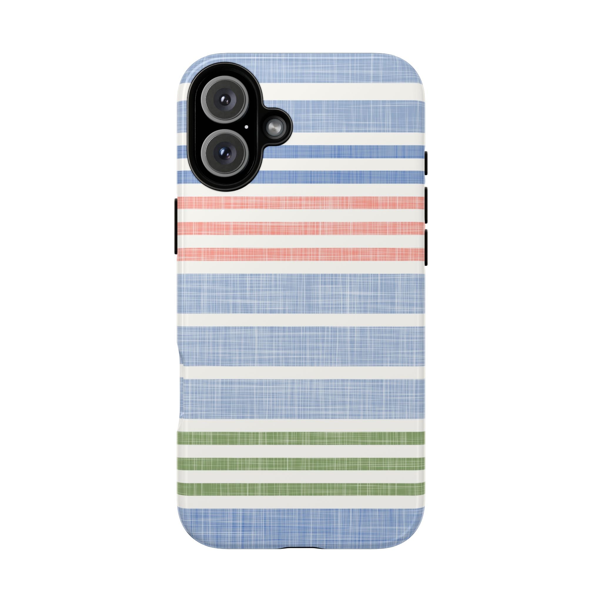 Cabana Stripe Pastel Tough iPhone 16 Plus Case – Glossy | soft blue, coral, sage green chambray-textured stripe print dual-layer protection