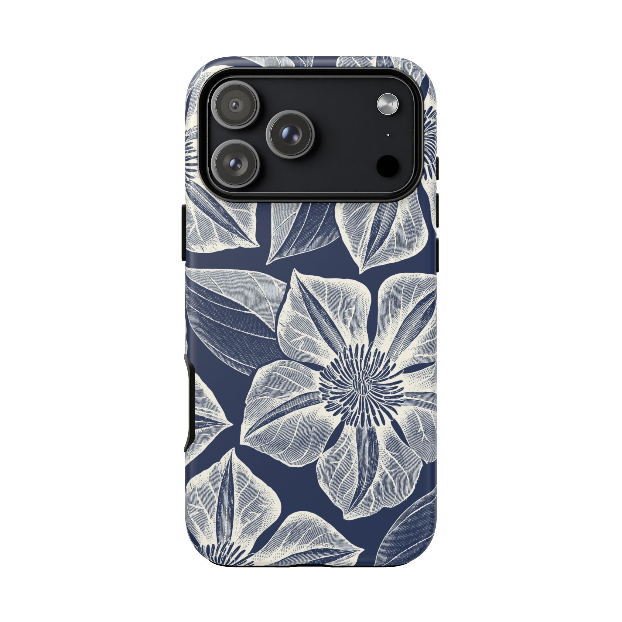 Vintage Bloom Navy iPhone 17 Pro Max case – Matte | navy ground, large-scale cream clematis print, engraved petal detail, dual-layer protection