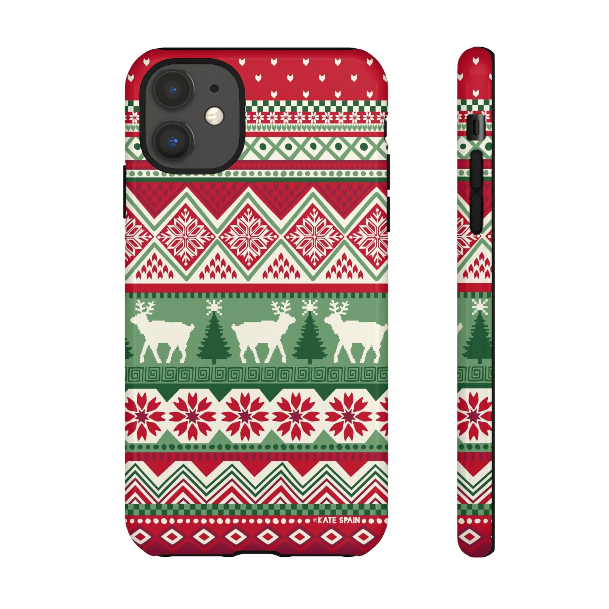 Telemark Tough iPhone 11 Case – Glossy | red, green, cream fair isle reindeer Nordic print