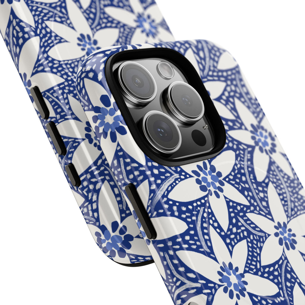 Starflower MagSafe iPhone 16 Pro Max Case – close-up of 3-lens camera and buttons on side of case  | navy, white geometric starflower print