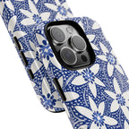 Starflower MagSafe iPhone 16 Pro Max Case – close-up of 3-lens camera and buttons on side of case  | navy, white geometric starflower print