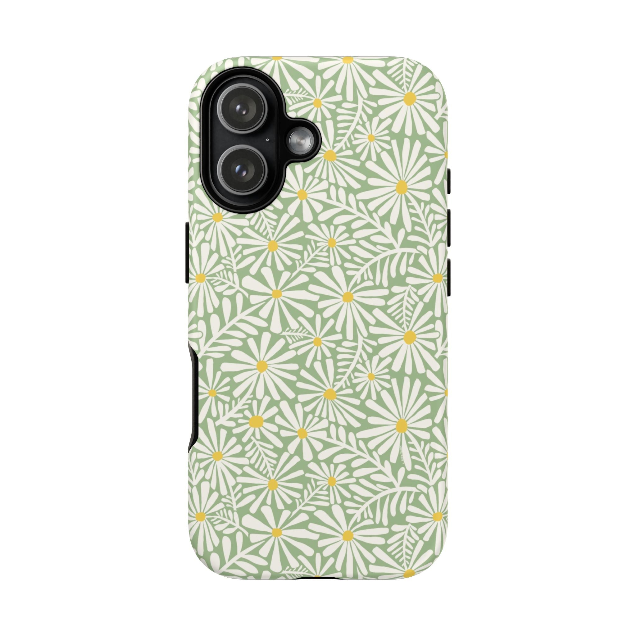 Montauk Daisy Meadow Green iPhone 17 Case – Matte | sage green, white graphic daisy and fern print, golden yellow centers | dual-layer protection