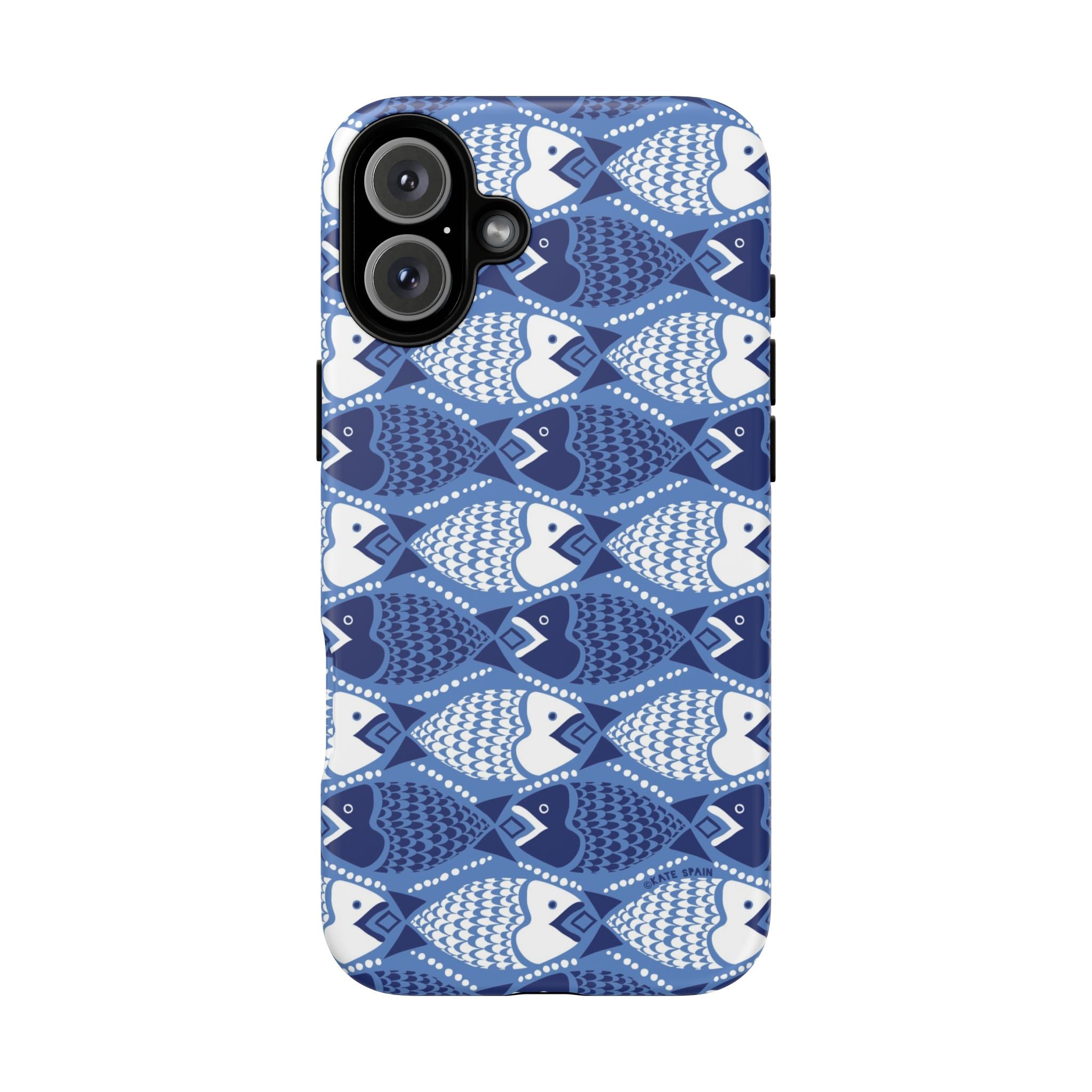 Catch of the Day Tough iPhone 16 Plus Case – Matte | navy, blue, white geometric fish print