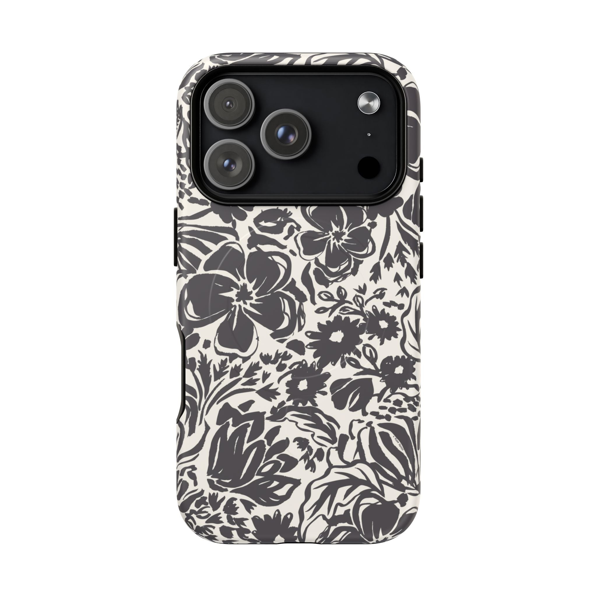 Rhapsody Black MagSafe iPhone 17 Pro Matte case — bold charcoal floral print on cream by Kate Spain