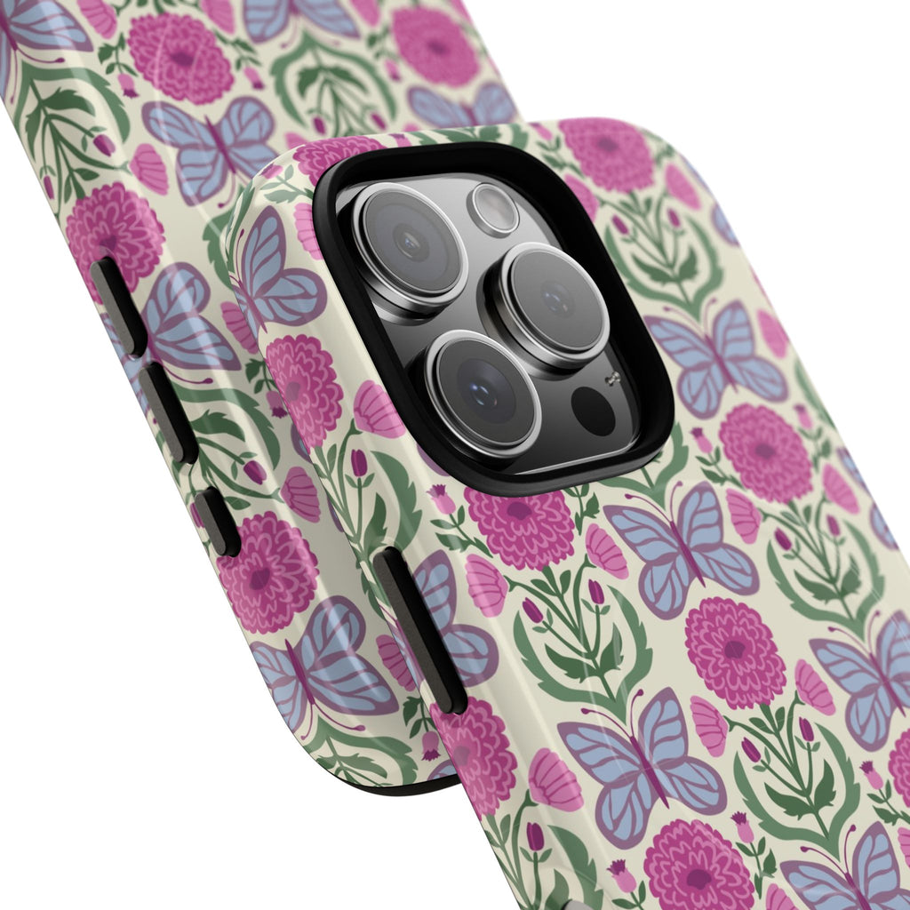 Butterfly MagSafe iPhone 16 Pro Max Case – Glossy | cream, magenta, periwinkle butterfly floral print | angled view closeup of camera cutout and buttons