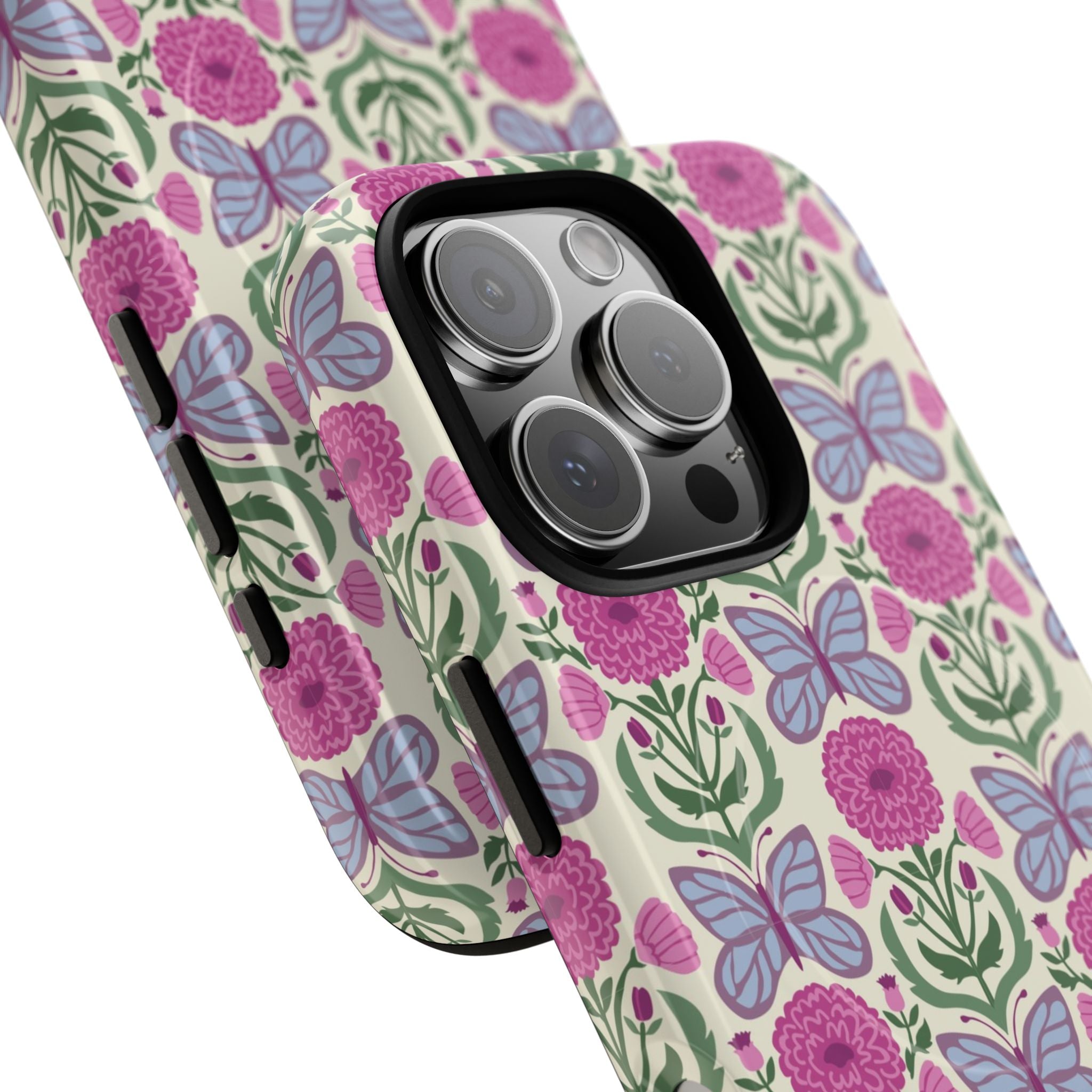 Butterfly MagSafe iPhone 16 Pro Max Case – Glossy | cream, magenta, periwinkle butterfly floral print | angled view closeup of camera cutout and buttons