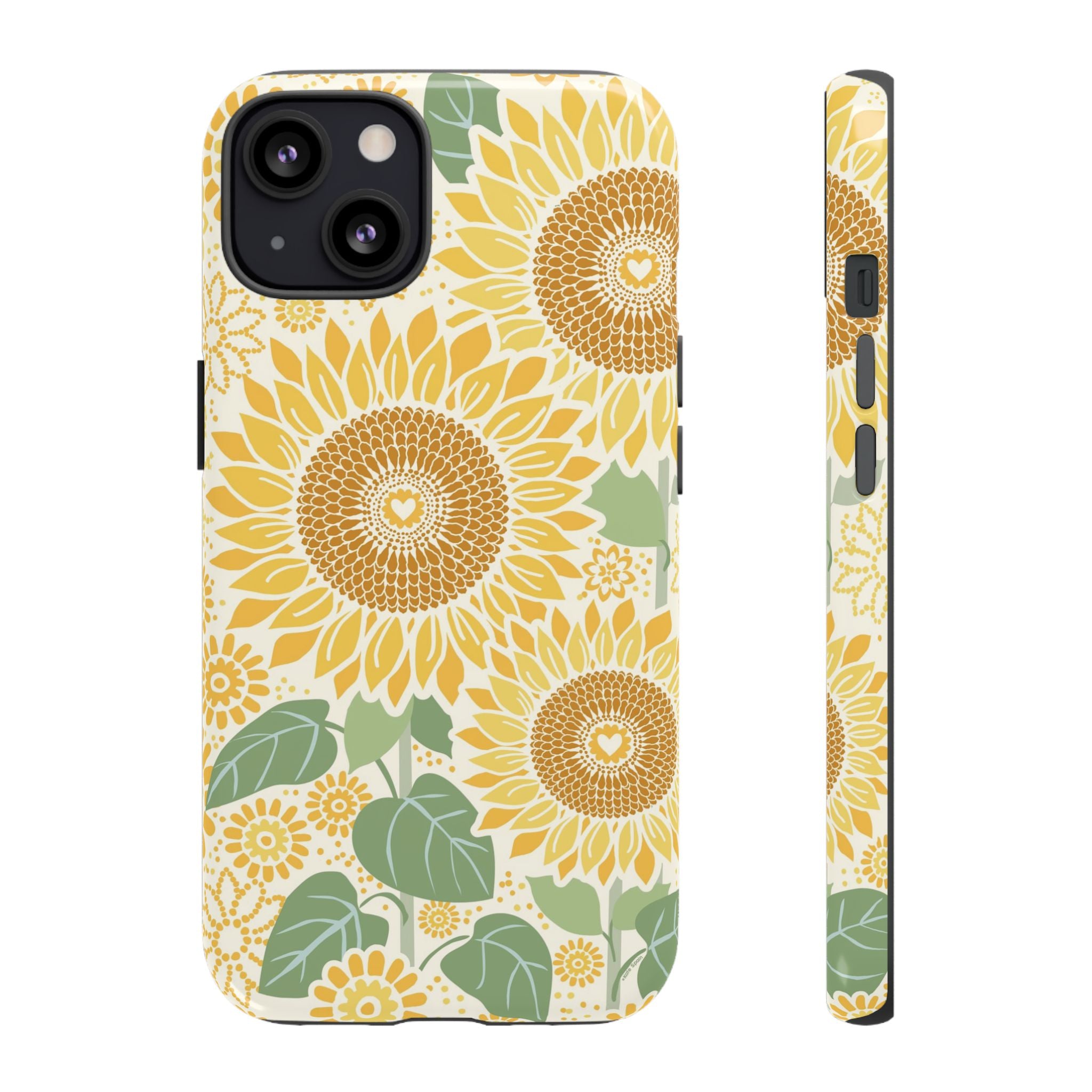 Sunny Sunflower iPhone 13 case – Glossy | cream ground, large-scale yellow sunflower print, golden seed detail with heart centers, dual-layer protection