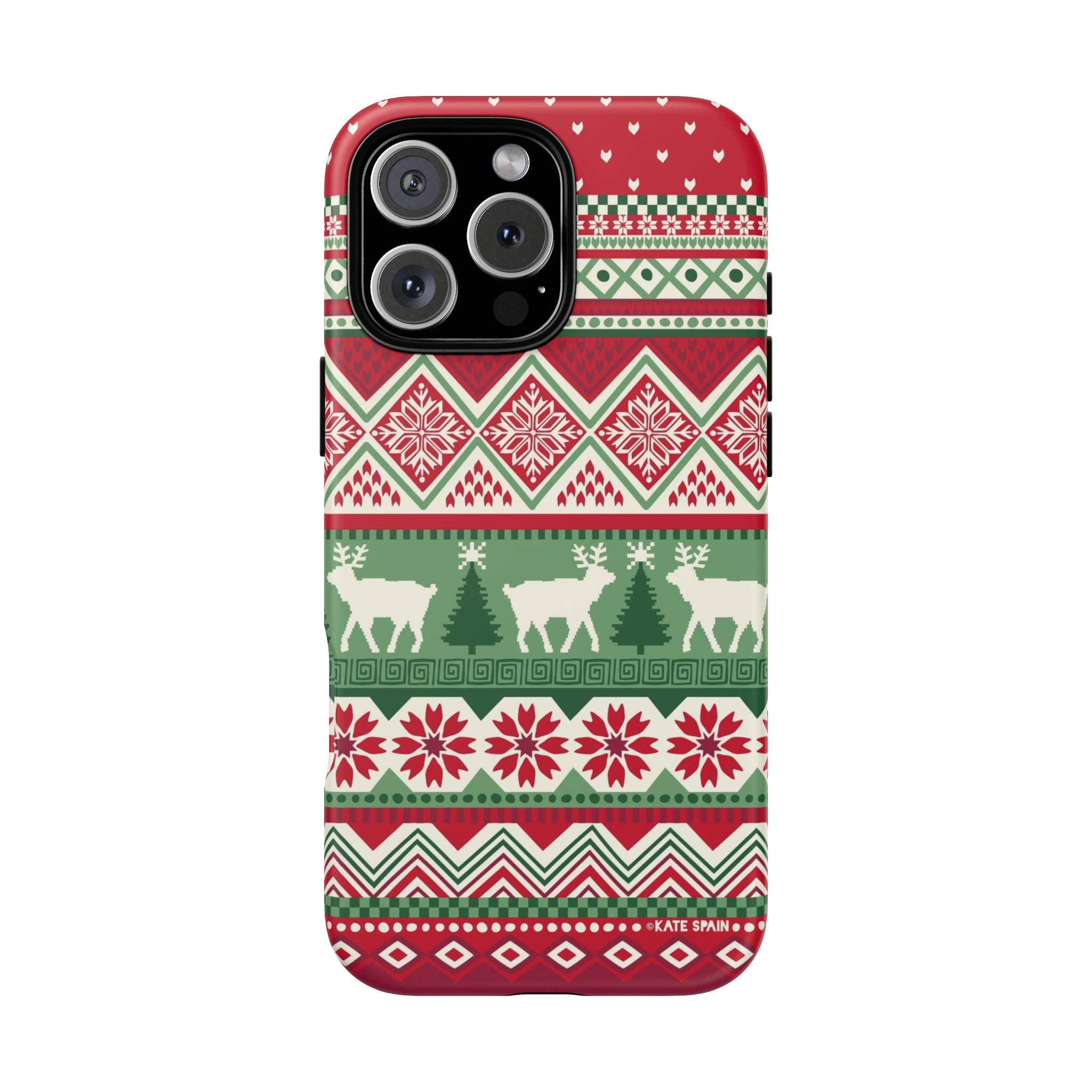 Telemark Tough iPhone 16 Pro Max Case – Matte | red, green, cream fair isle reindeer Nordic print