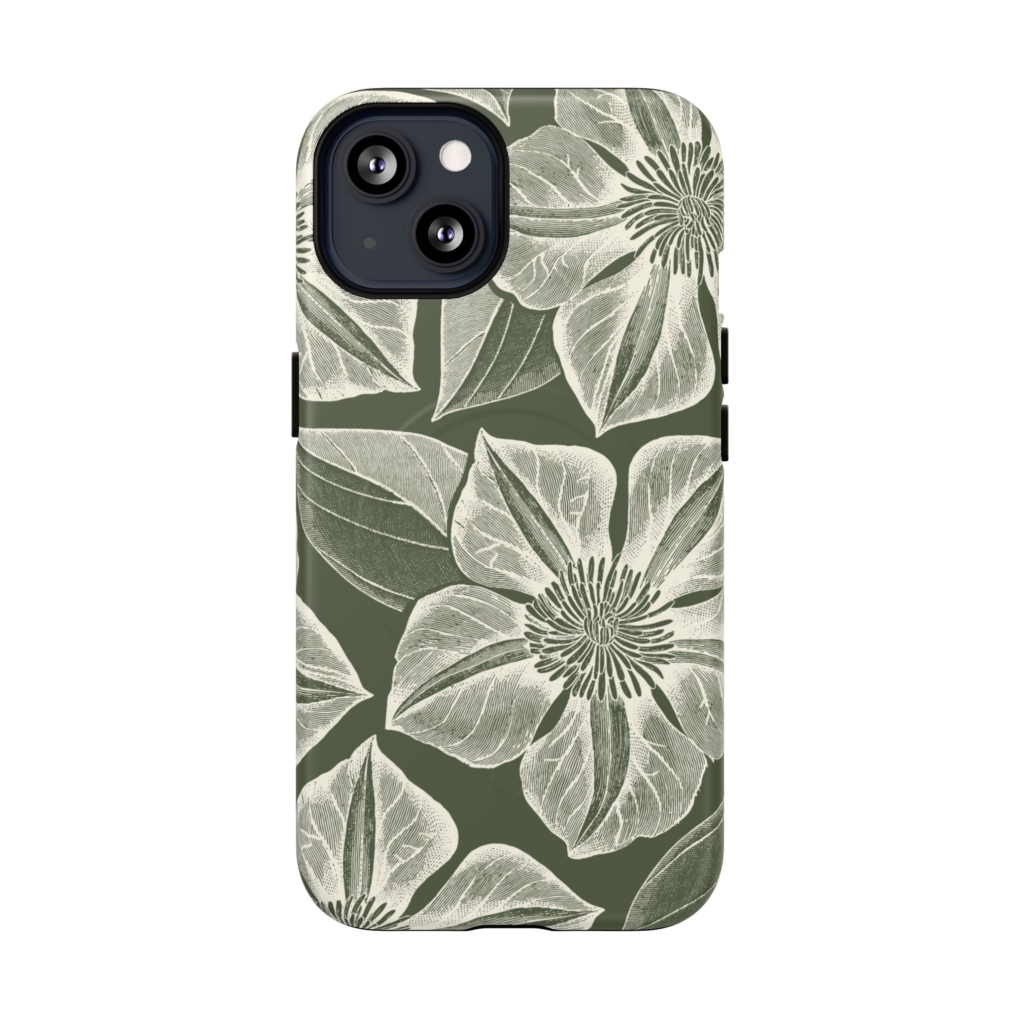 Vintage Bloom Cypress MagSafe iPhone 13 – Matte | cypress green ground, large-scale white clematis print, engraved petal detail, dual-layer protection