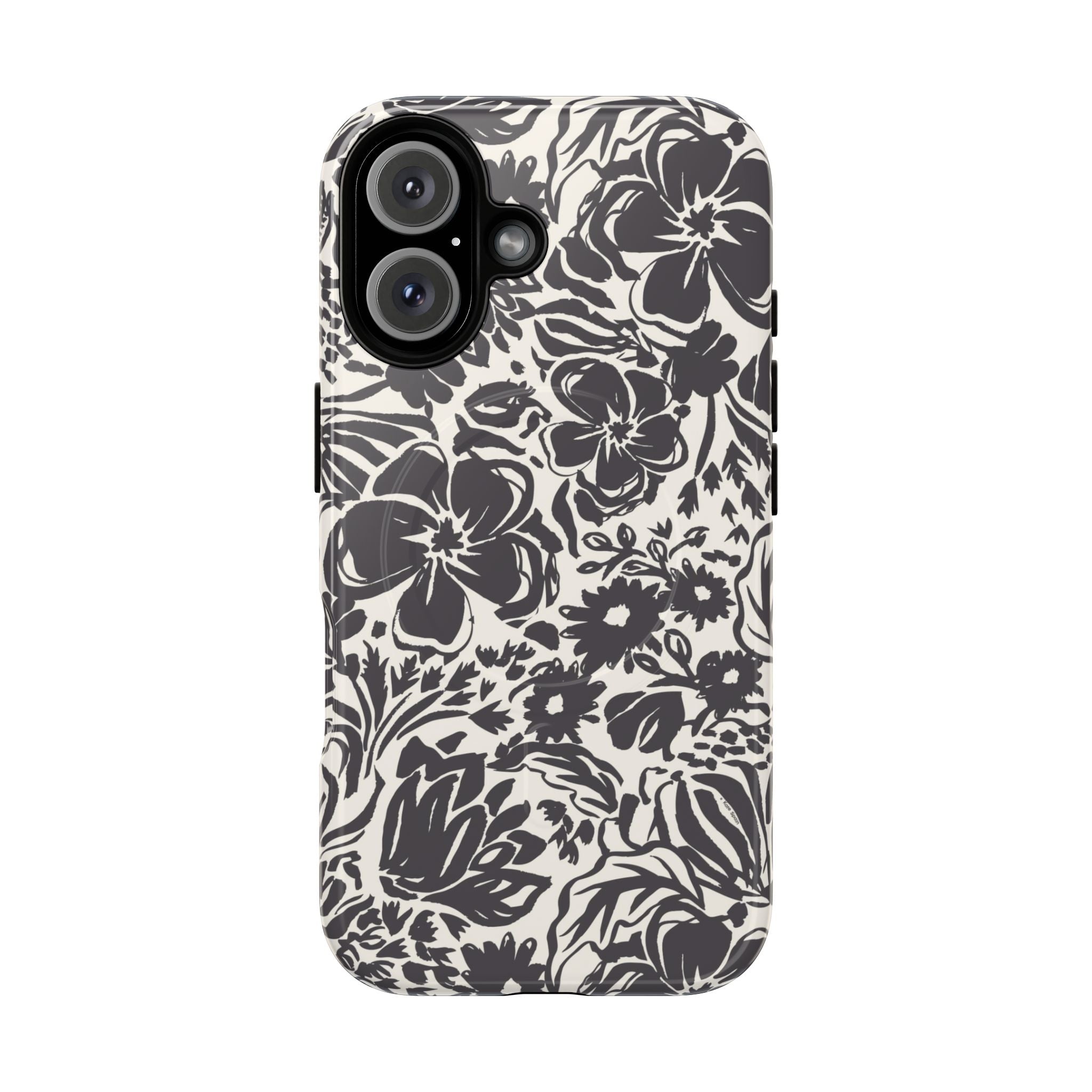 Rhapsody Black MagSafe iPhone 16 Pro Glossy case — bold charcoal floral print on cream by Kate Spain