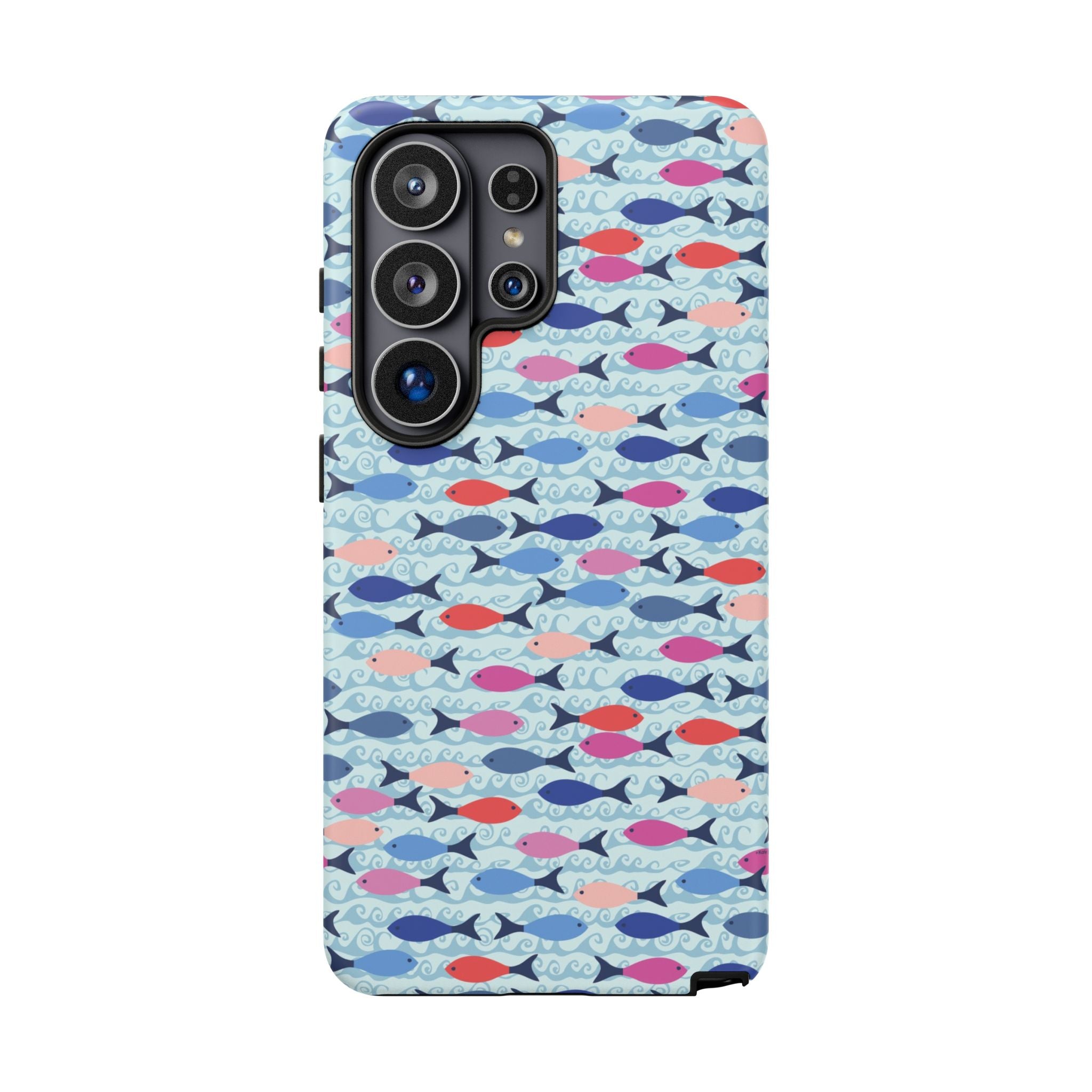 Summer Minnows Samsung Galaxy S26 Ultra Case – Matte | navy, coral, pink, and periwinkle fish on a pale aqua ground