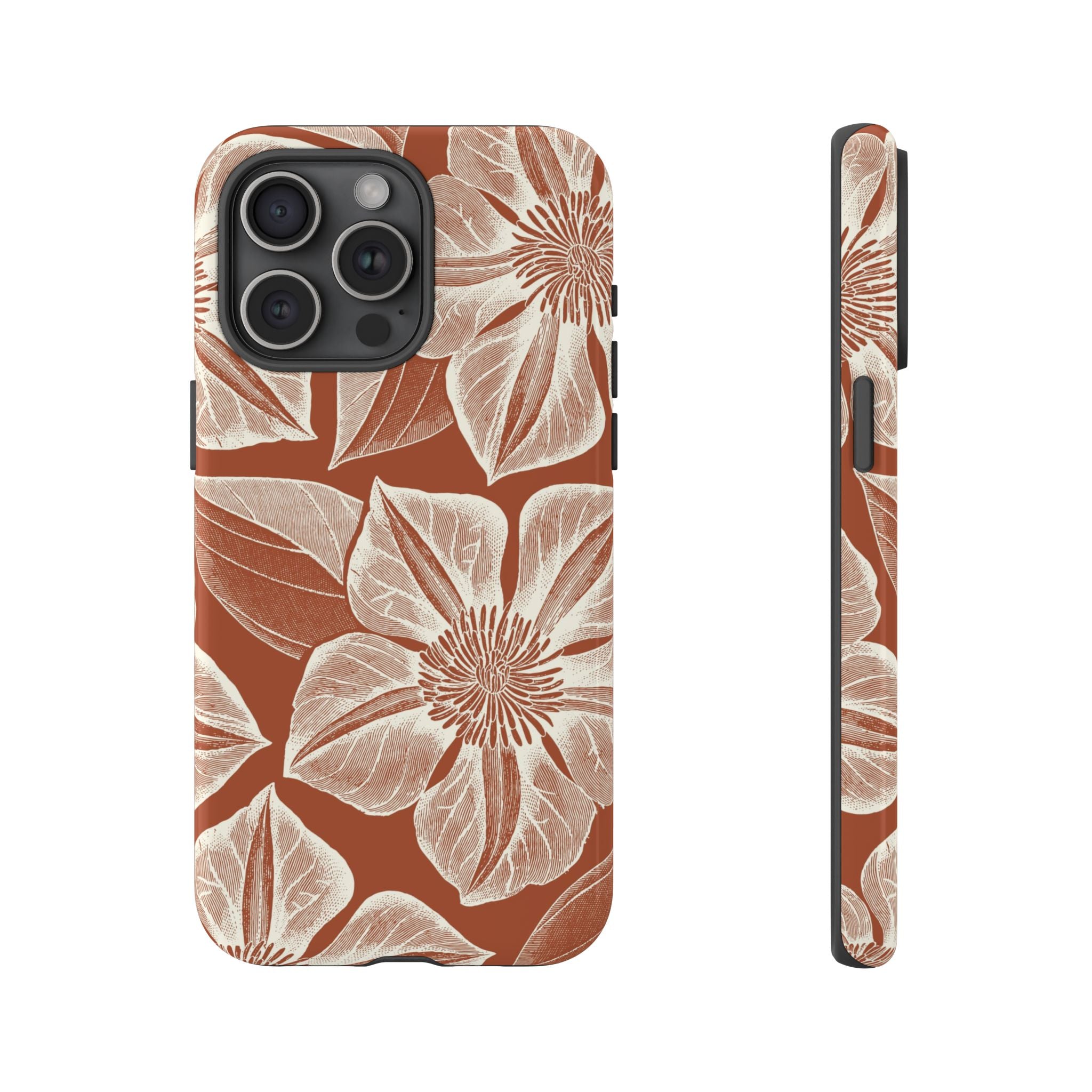 Vintage Bloom Sienna iPhone 15 Pro Max case – Glossy | sienna ground, large-scale cream clematis print, engraved petal detail, dual-layer protection