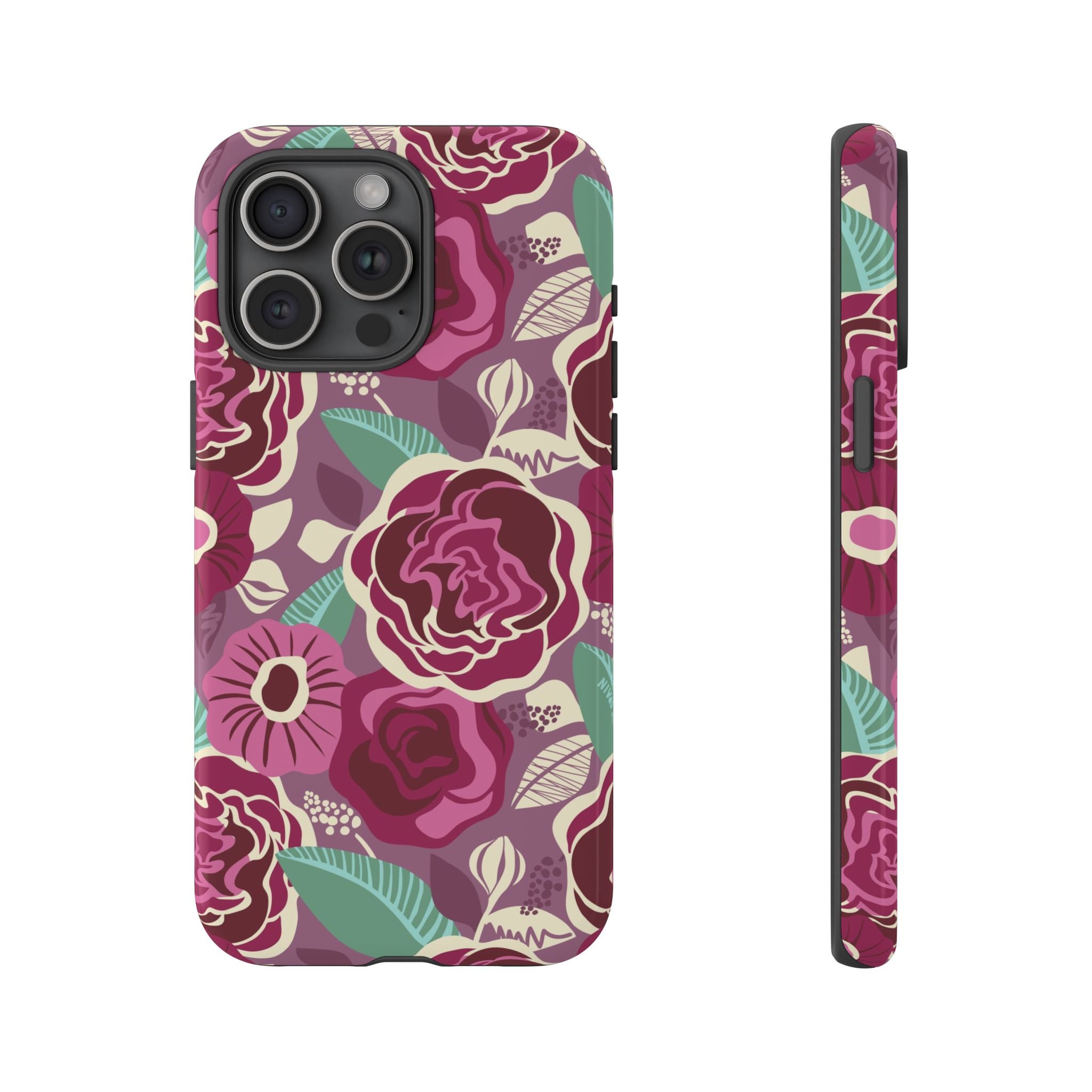 Tea Rose Burgundy Tough iPhone 15 Pro Max Case – Glossy | burgundy, magenta, plum botanical rose floral print