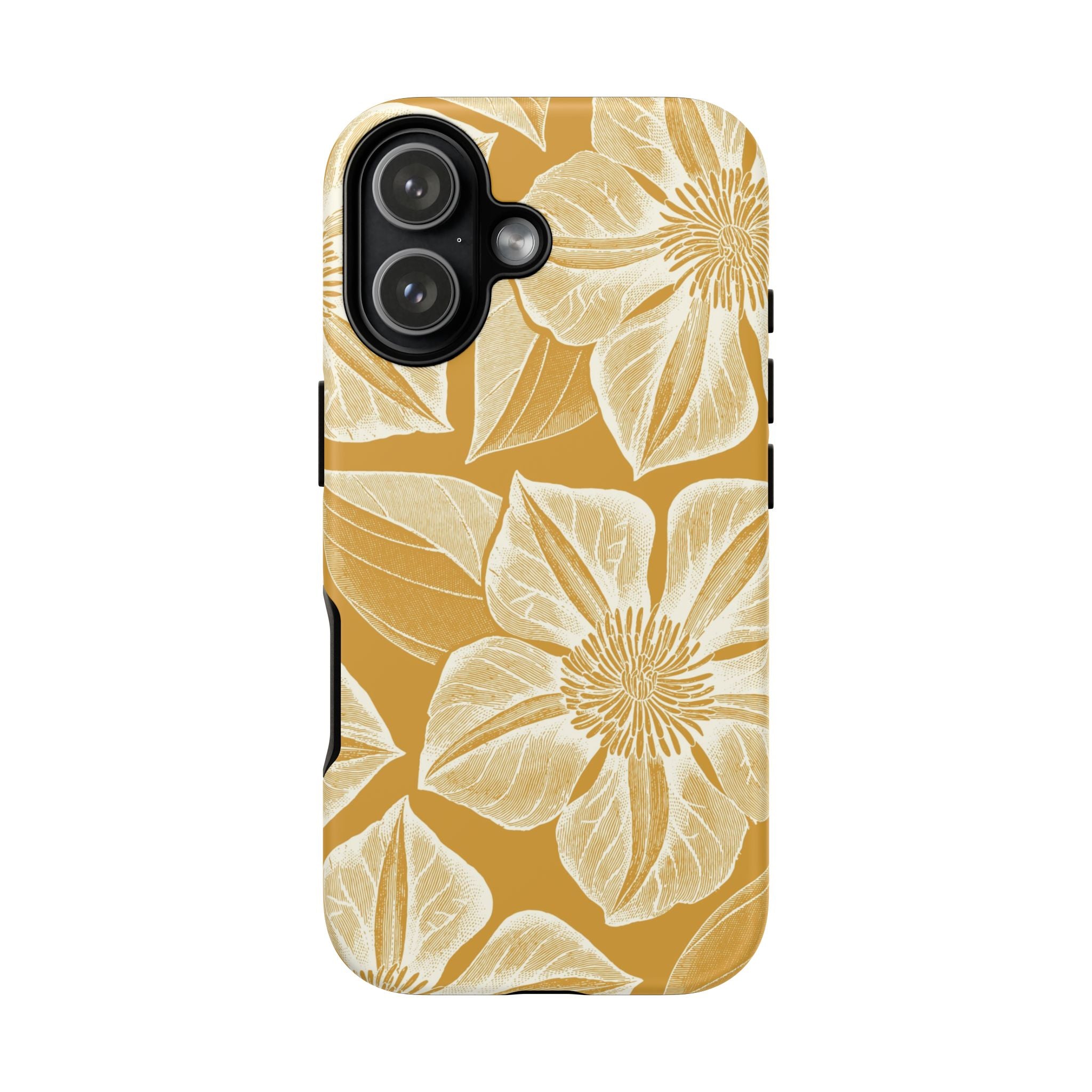 Vintage Bloom Gold iPhone 17 case – Matte | gold ground, large-scale cream clematis print, engraved petal detail, dual-layer protection