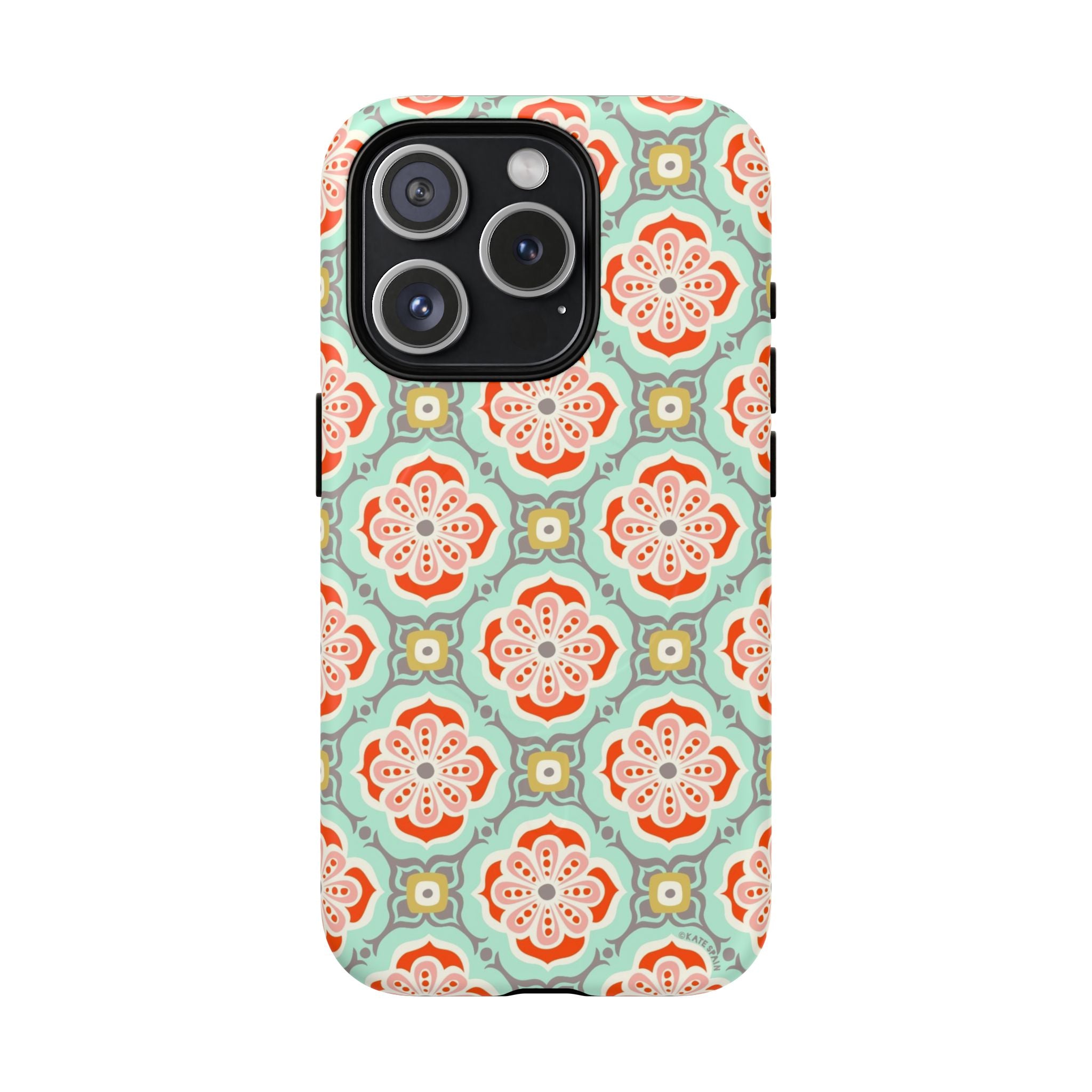 Alhambra MagSafe iPhone 15 Pro Case – Matte | aqua, coral, blush geometric medallion floral print