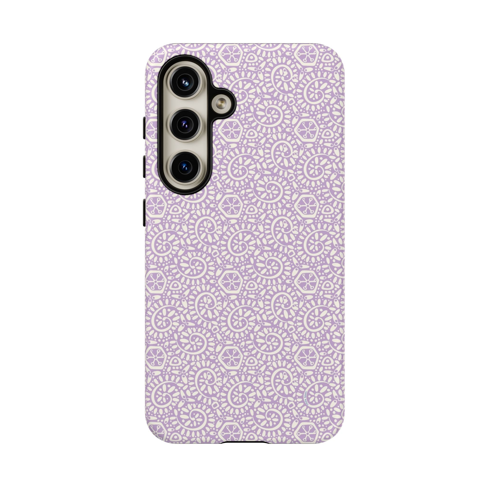 Canto Swirls Lavender Samsung Galaxy S24 Matte Case — lavender hard case covered in an intricate folk-art medallion pattern of radiating circular motifs, dot clusters, and geometric centers