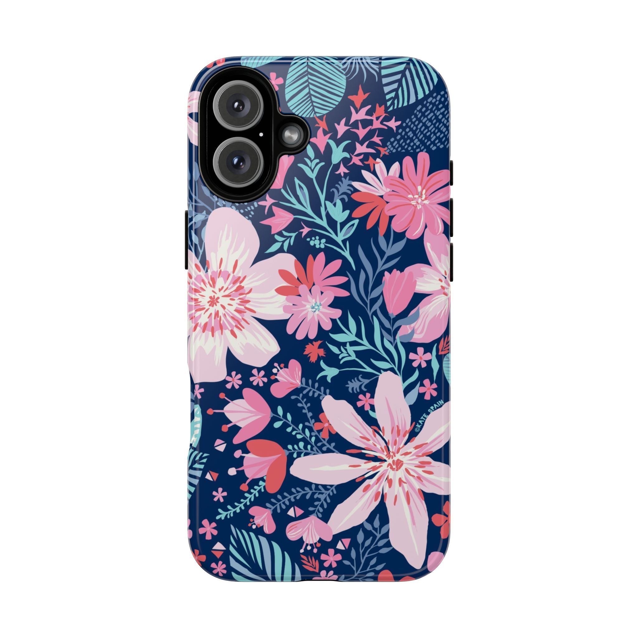 Bonaire Tough iPhone 16 Plus Case – Glossy | navy, pink, white tropical floral botanical print