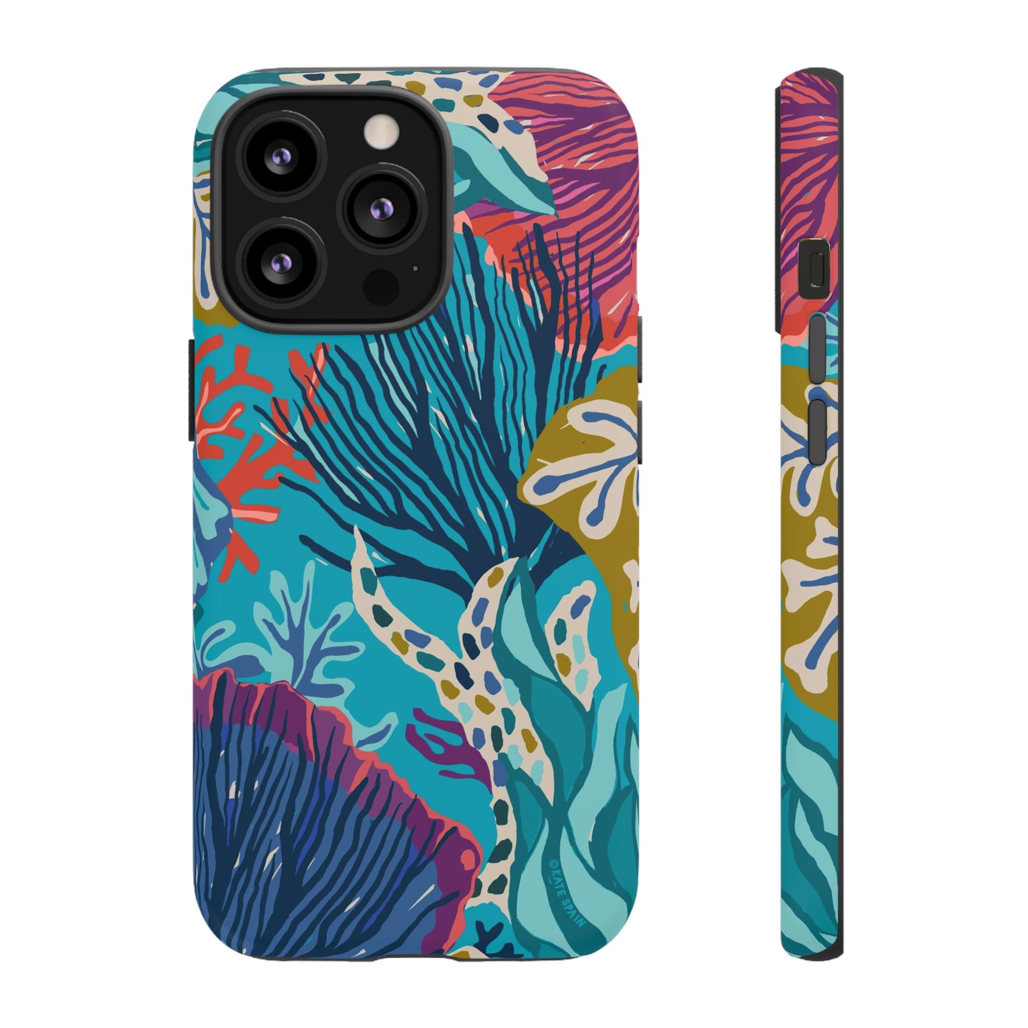 Reef Tough iPhone 13 Pro Case – Matte | teal, coral, navy, purple botanical coral reef print