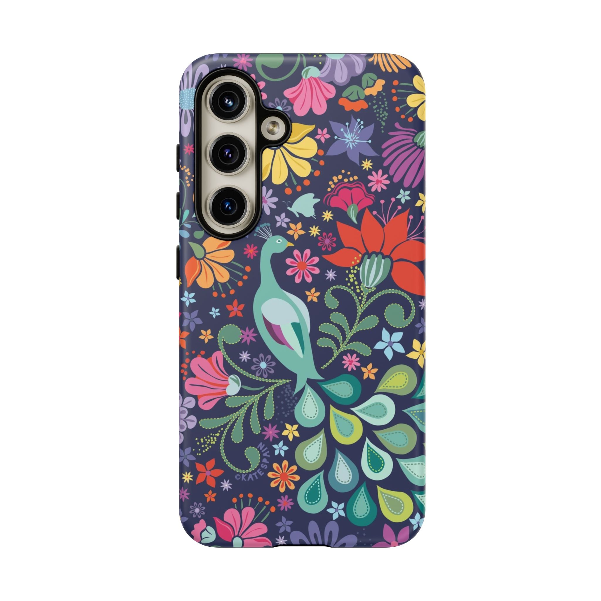 Luxury Peacock Sanctuary Samsung Galaxy S24 Case – Matte | navy, teal, coral multicolor vibrant peacock feather botanical print