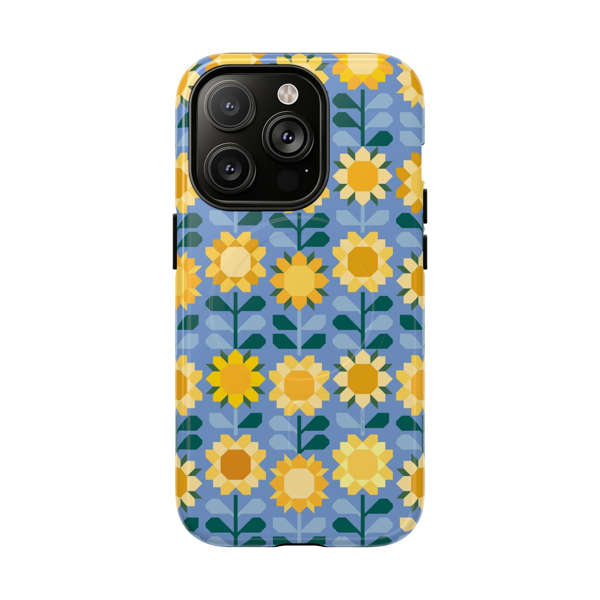 Sunflowers MagSafe iPhone 14 Pro Case – Glossy | blue, yellow, gold geometric sunflower print