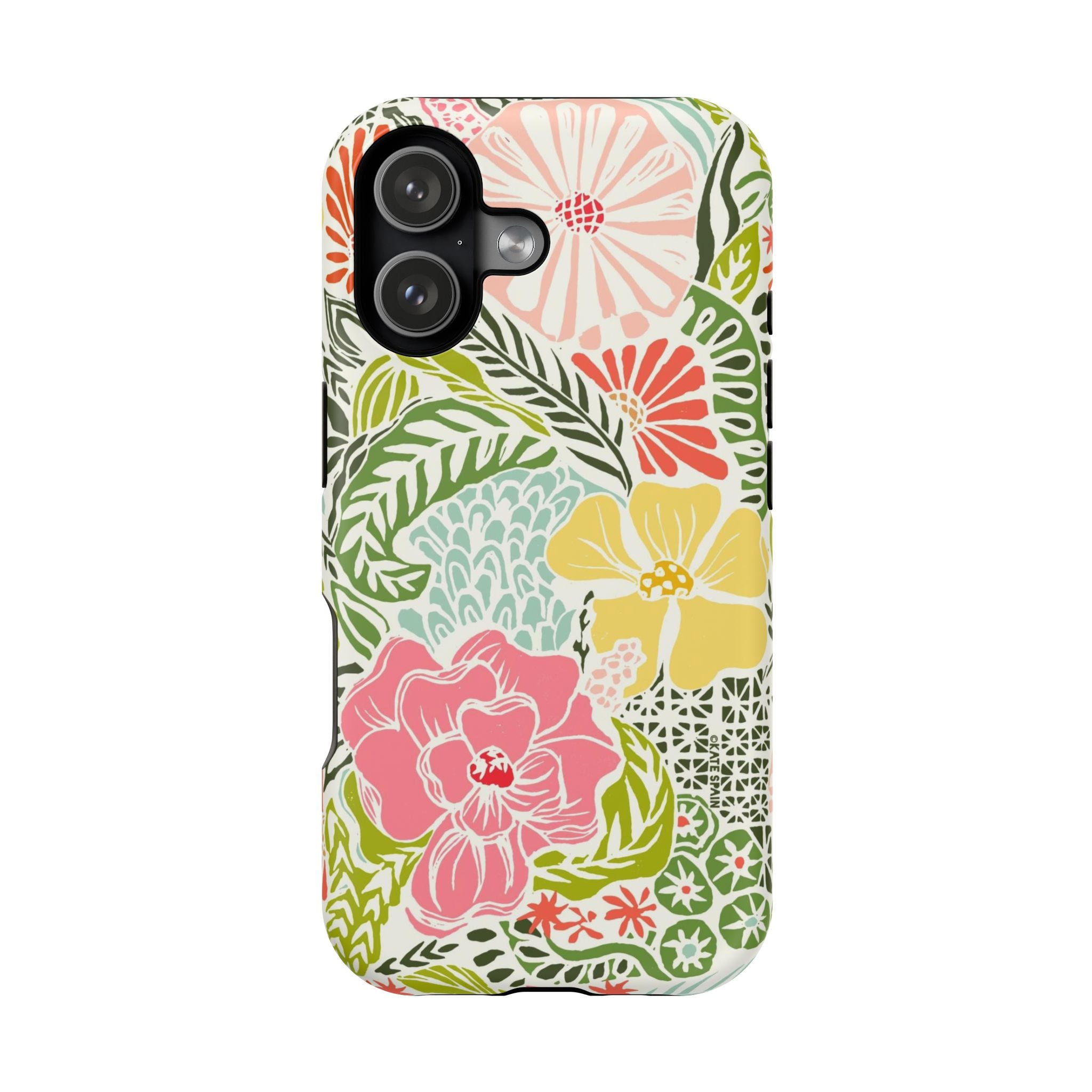 Tropica MagSafe iPhone 17 Case – Matte | cream, pink, yellow, blue botanical floral print MagSafe compatible, dual-layer protection