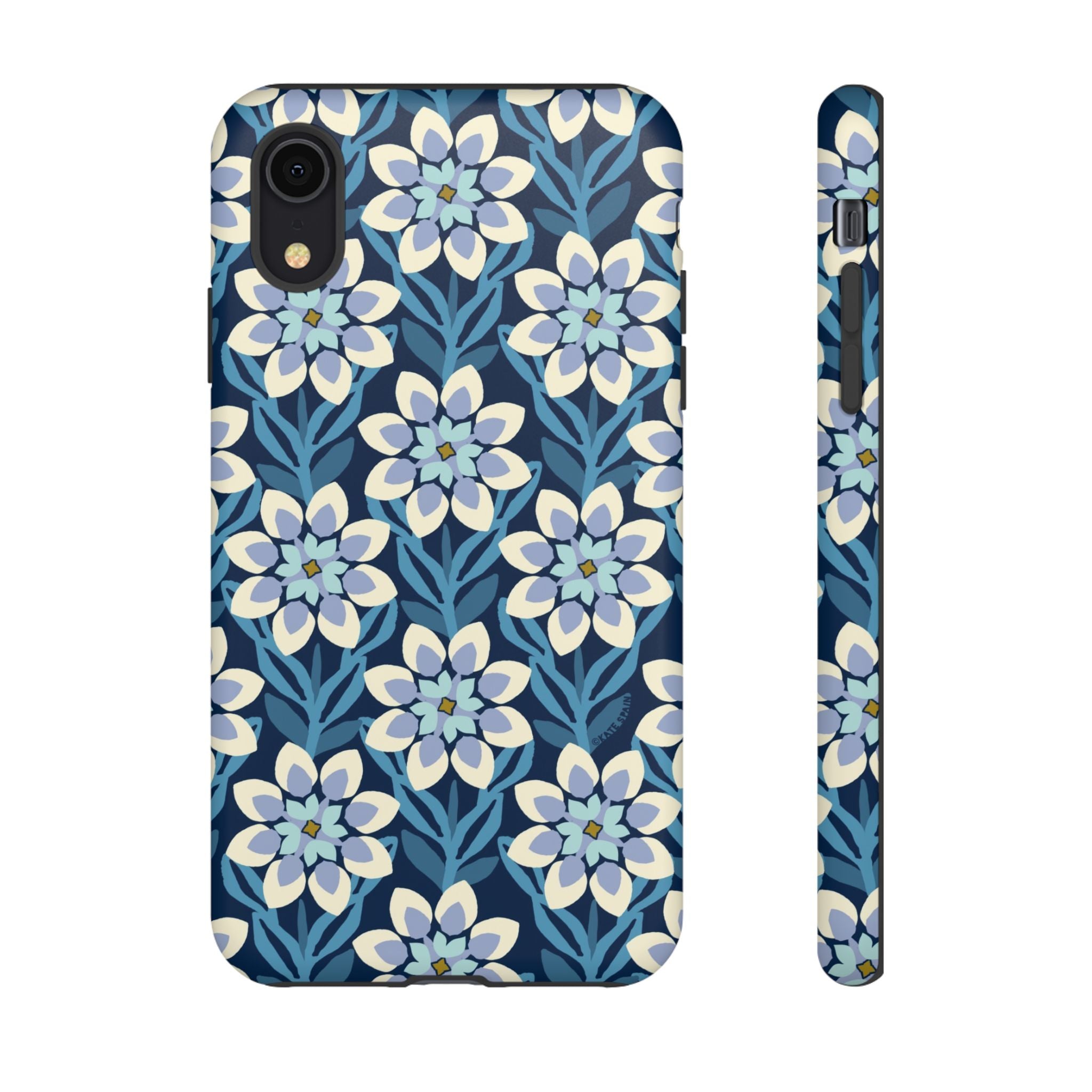 Designer Modern Dahlia Tough iPhone XR Case – Matte | navy, cobalt, white dahlia floral print