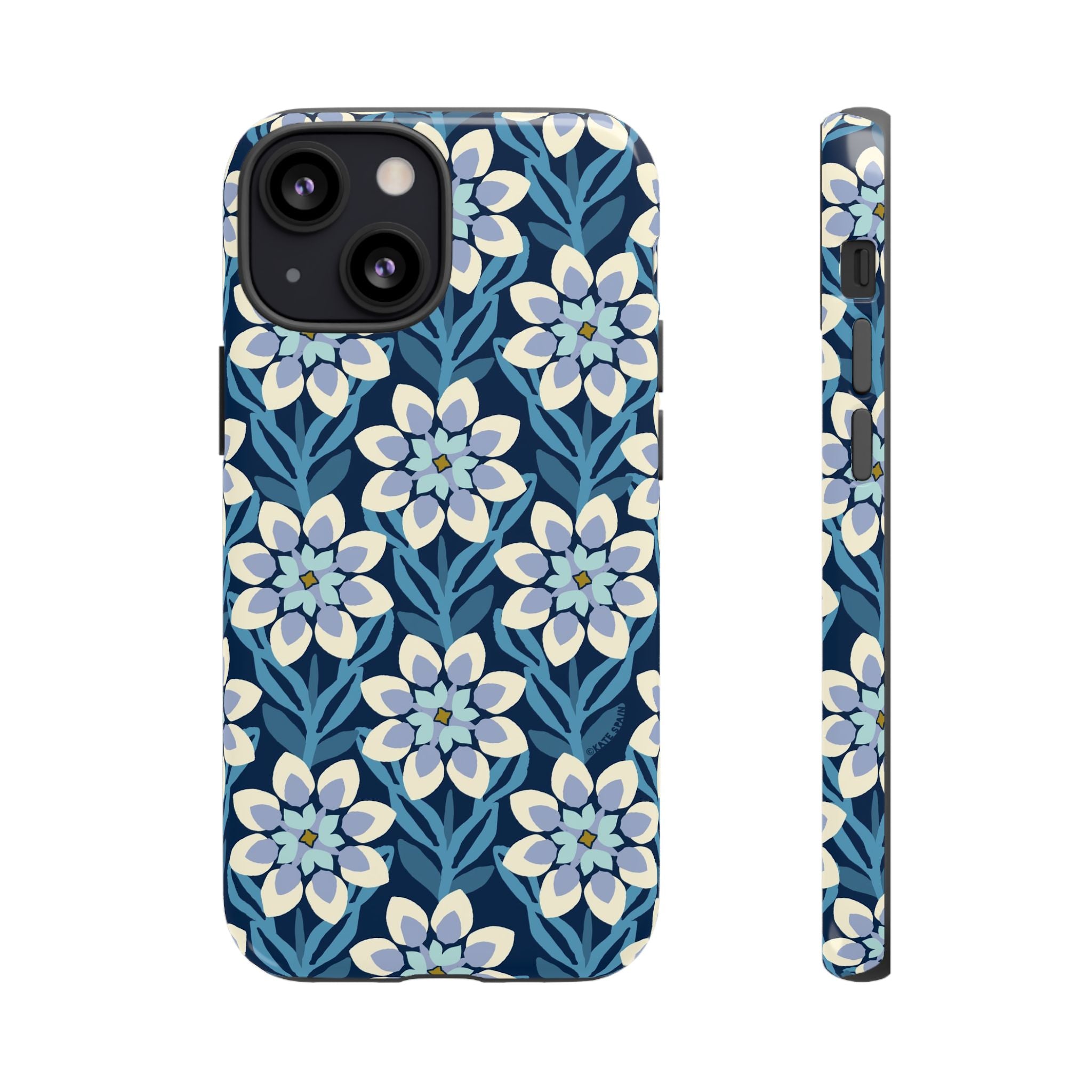 Designer Modern Dahlia Tough iPhone 13 Mini Case – Glossy | navy, cobalt, white dahlia floral print