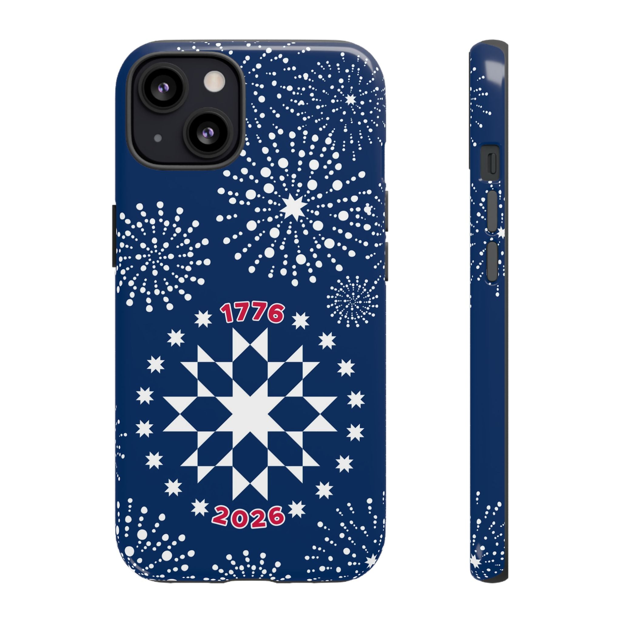 250th Fireworks Tough iPhone 13 Case – Matte | navy, white patriotic star quilt fireworks print