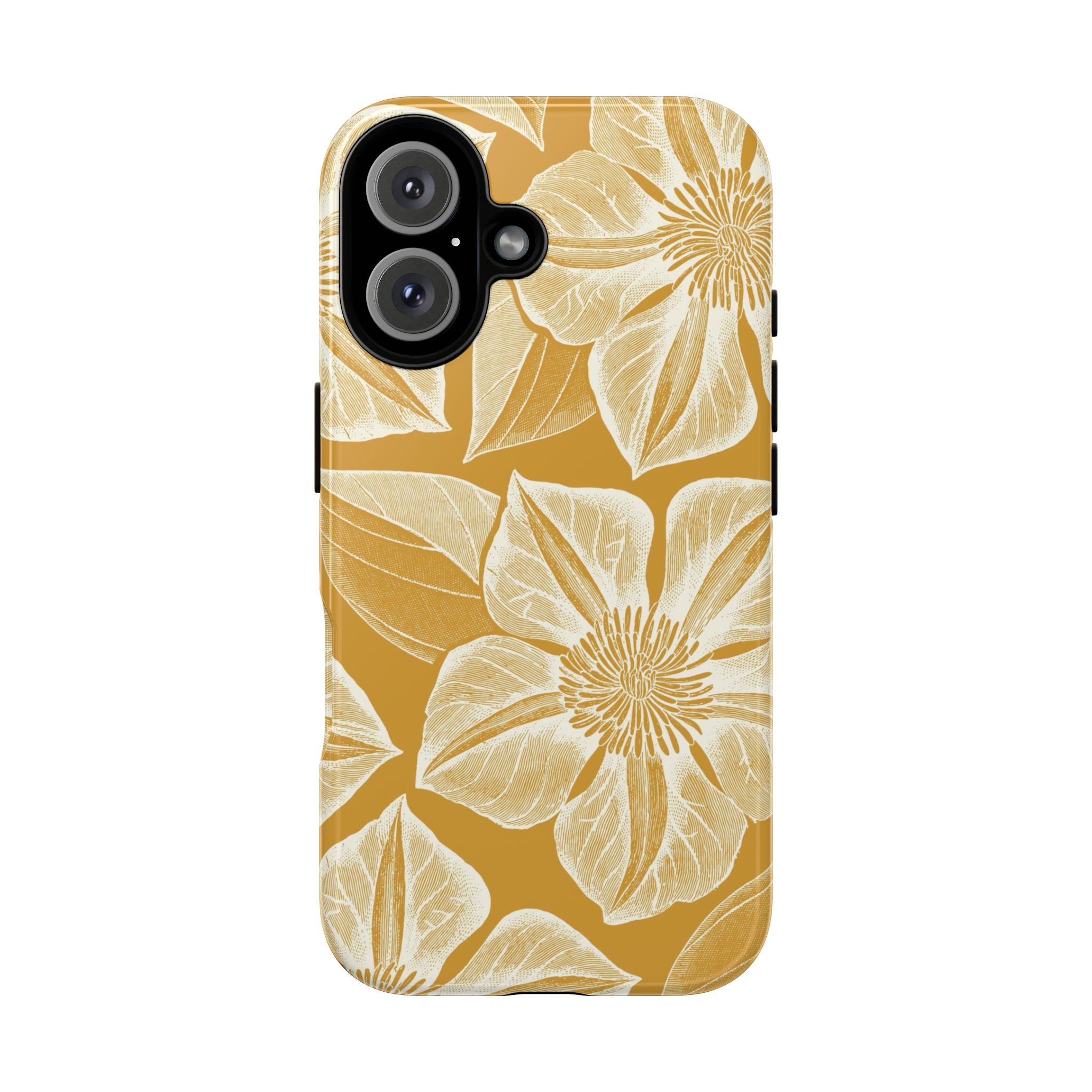 Vintage Bloom Gold iPhone 16 case – Glossy | gold ground, large-scale cream clematis print, engraved petal detail, dual-layer protection