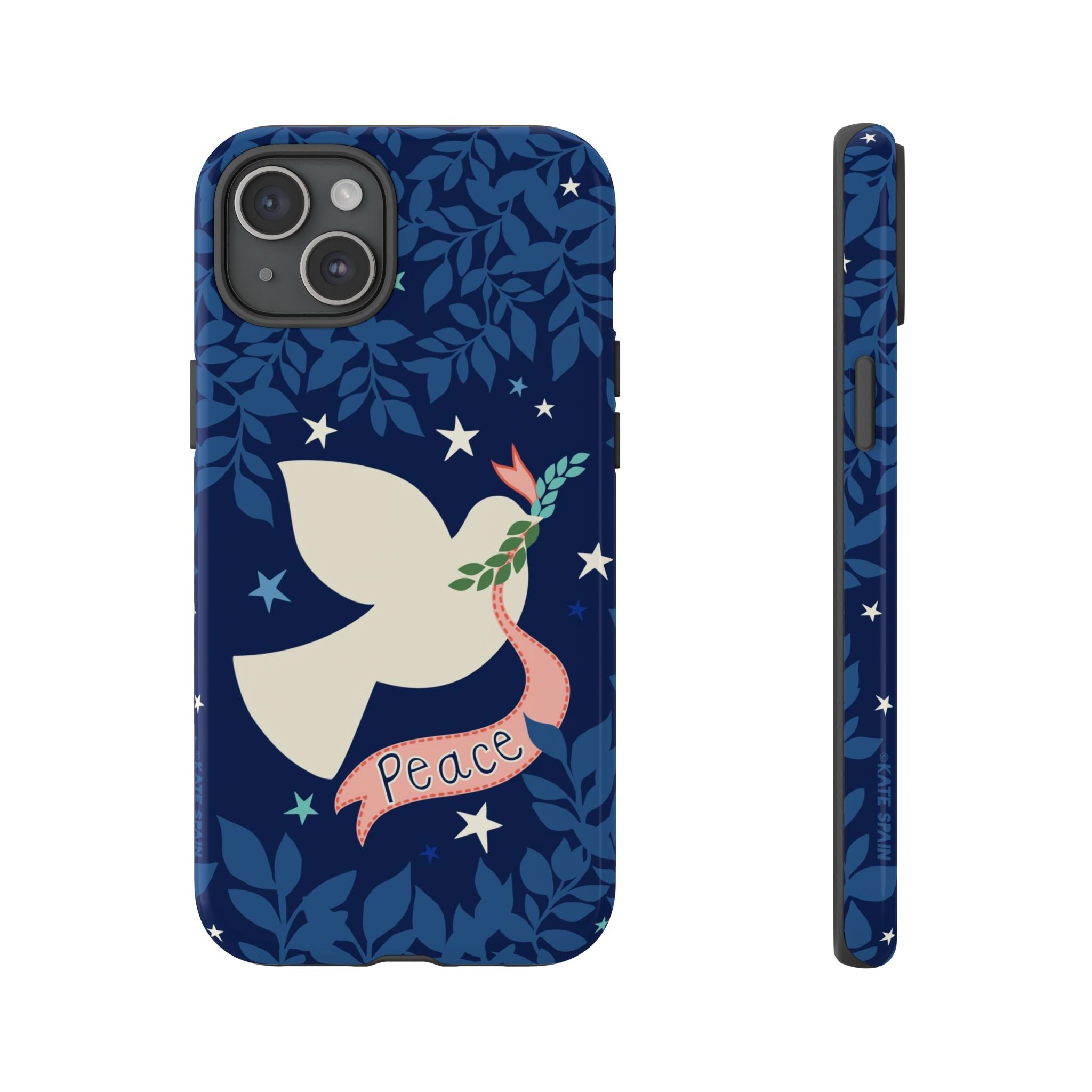 Peace Tough iPhone 15 Plus Case – Glossy | navy, cream peace dove, stars, botanical print