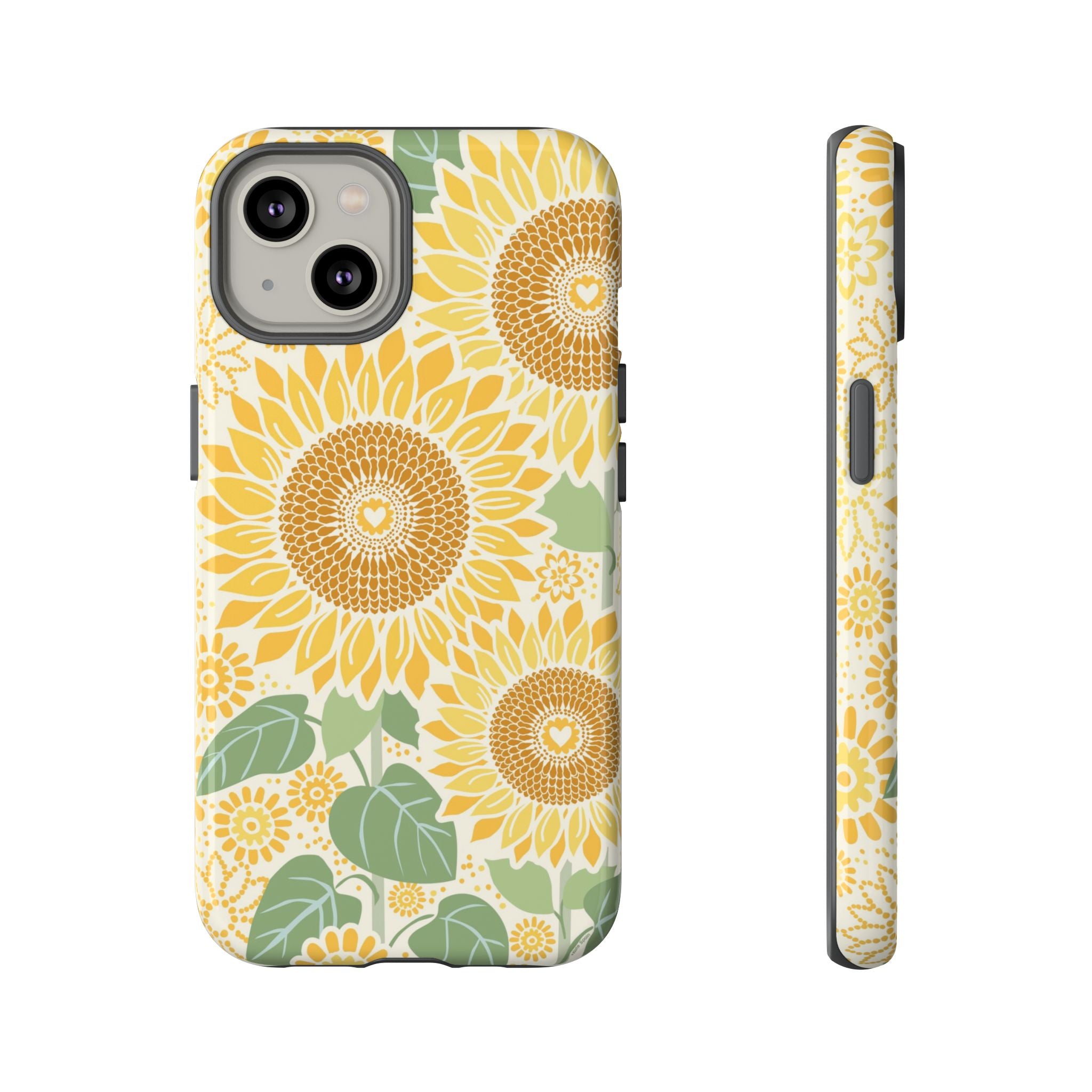 Sunny Sunflower iPhone 14 case – Glossy | cream ground, large-scale yellow sunflower print, golden seed detail with heart centers, dual-layer protection