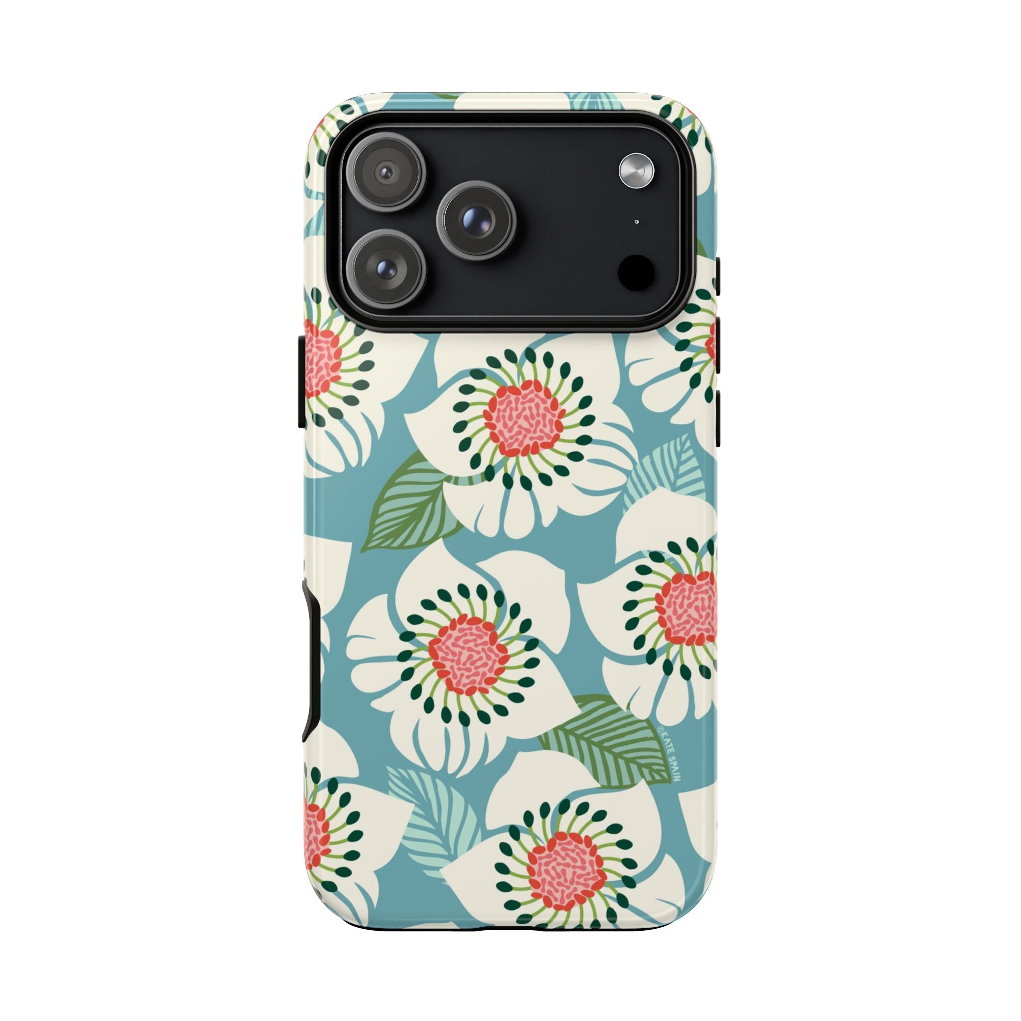 Panache Floral Tough iPhone 17 Pro Max Case – Glossy | sky blue, pale cream, pink anemone floral print