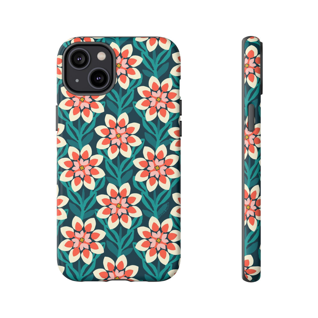 Modern Dahlia Tough iPhone 14 Plus Case – Matte | teal, coral, cream geometric dahlia floral print