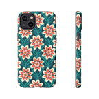 Modern Dahlia Tough iPhone 14 Plus Case – Matte | teal, coral, cream geometric dahlia floral print