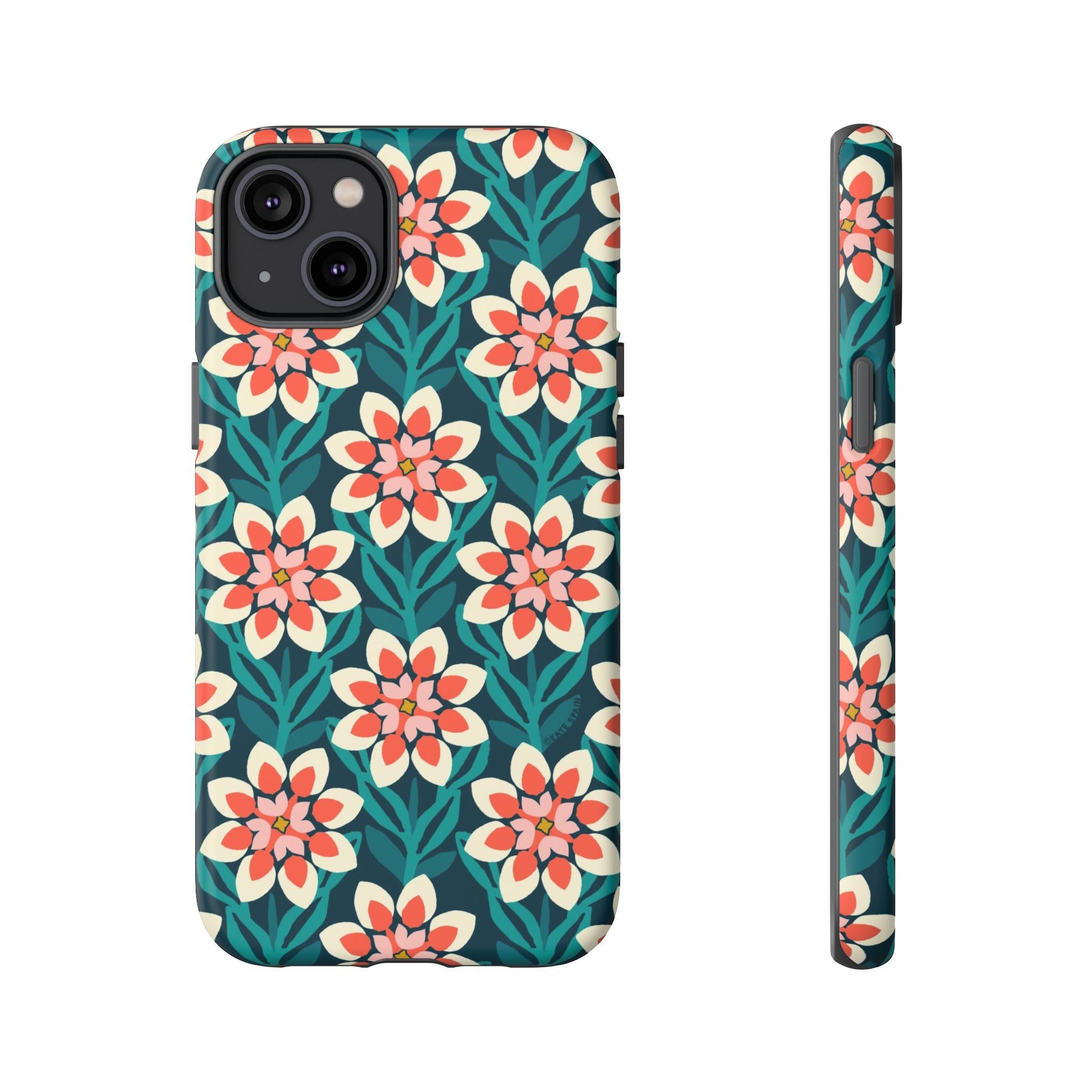 Modern Dahlia Tough iPhone 14 Plus Case – Matte | teal, coral, cream geometric dahlia floral print