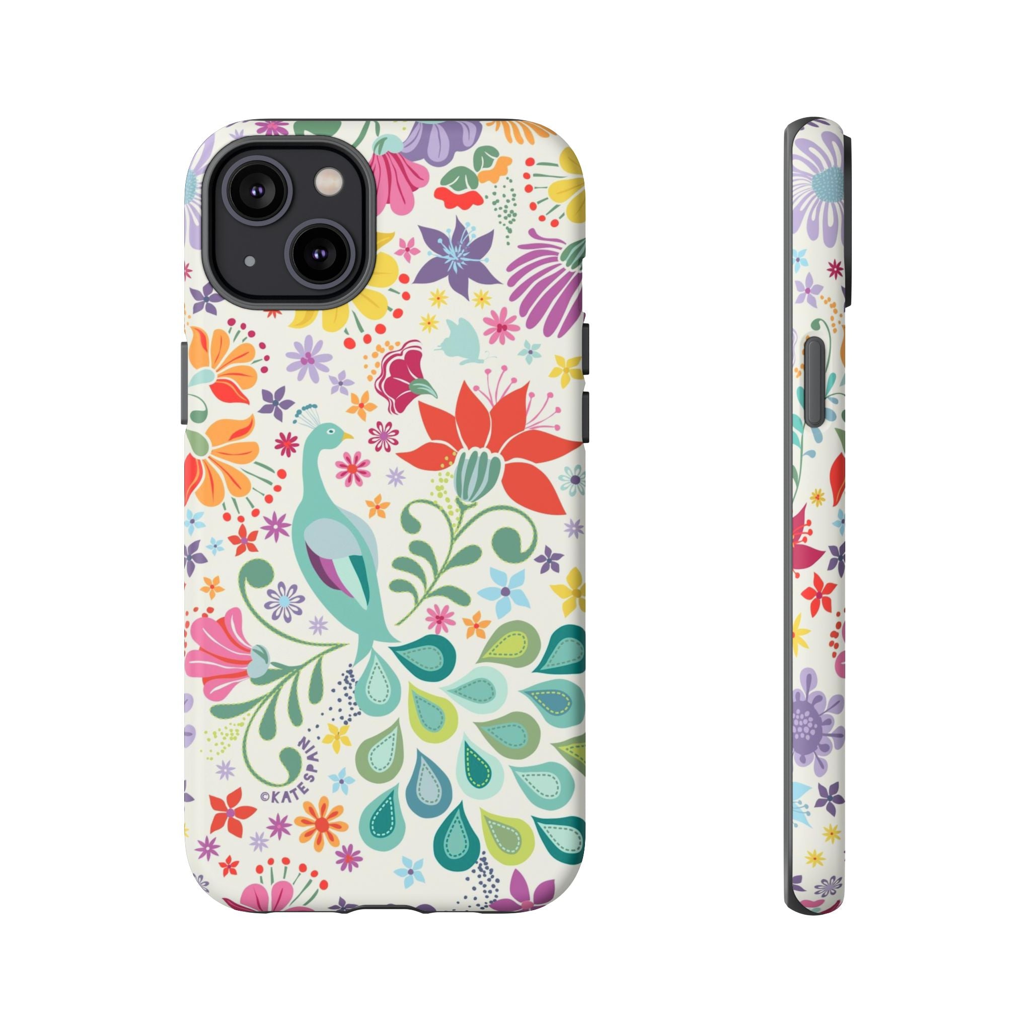 Peacock Sanctuary Tough iPhone 14 Plus Case – Matte | white, teal, coral multicolor vibrant peacock feather botanical print