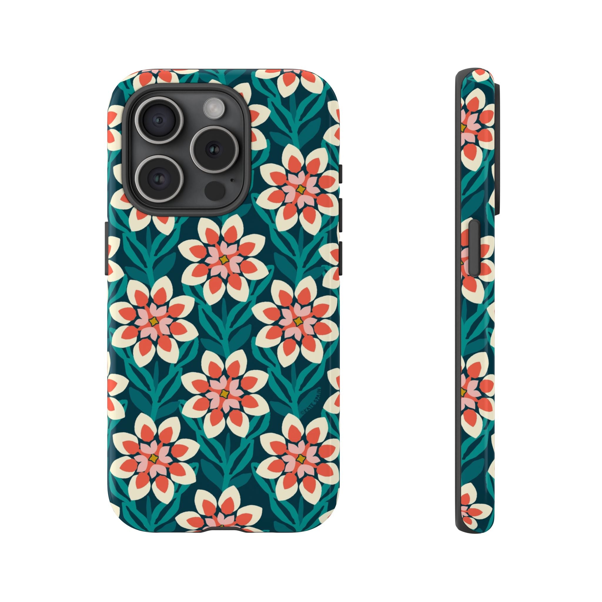 Modern Dahlia Tough iPhone 15 Pro Case – Glossy | teal, coral, cream geometric dahlia floral print