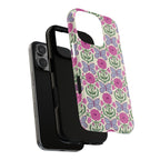 Butterfly MagSafe iPhone 16 Pro Max Case – Dual-layered view of case and inner lining in front of phone, with view of camera cutout and buttons | cream, magenta, periwinkle butterfly floral print