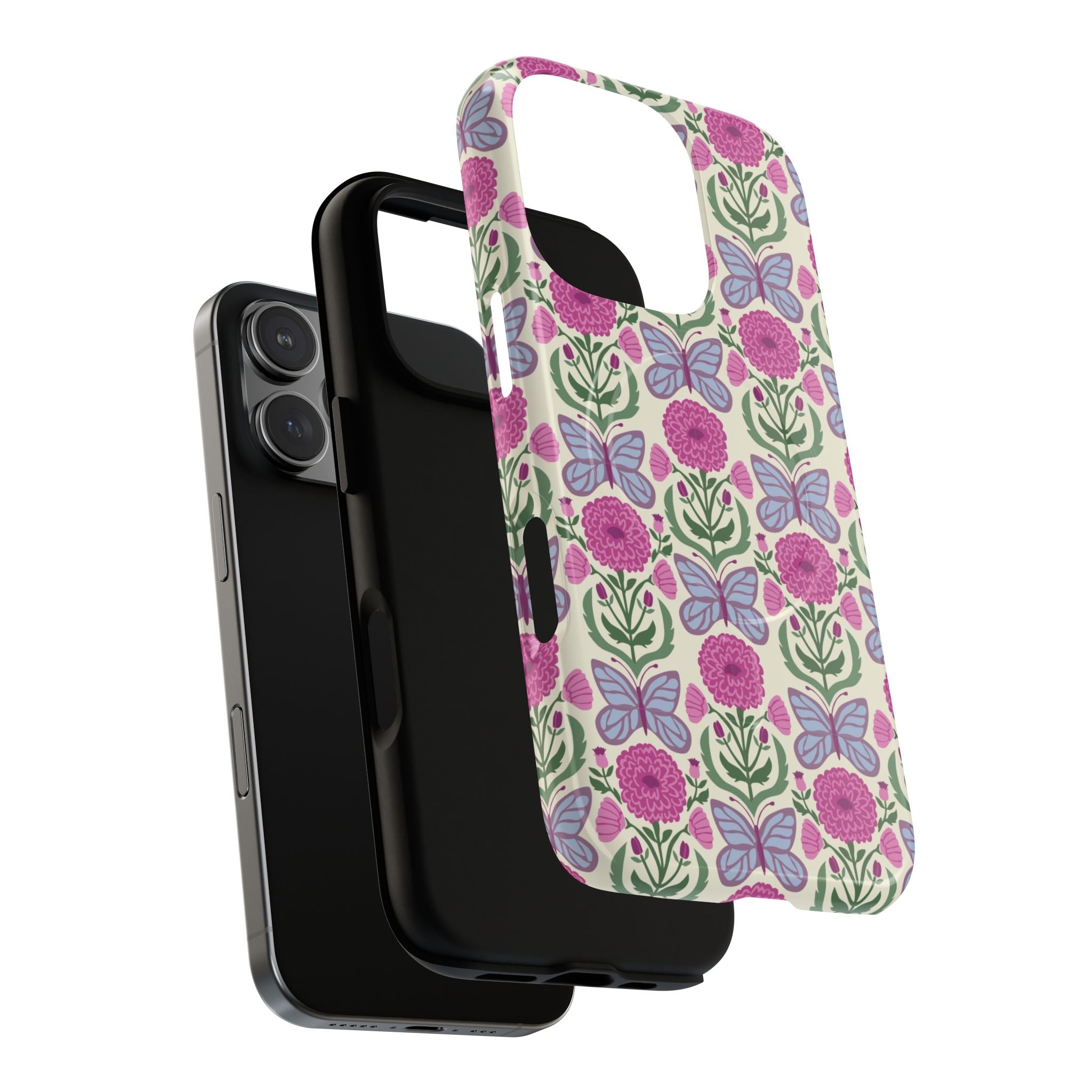 Butterfly MagSafe iPhone 16 Pro Max Case – Dual-layered view of case and inner lining in front of phone, with view of camera cutout and buttons | cream, magenta, periwinkle butterfly floral print