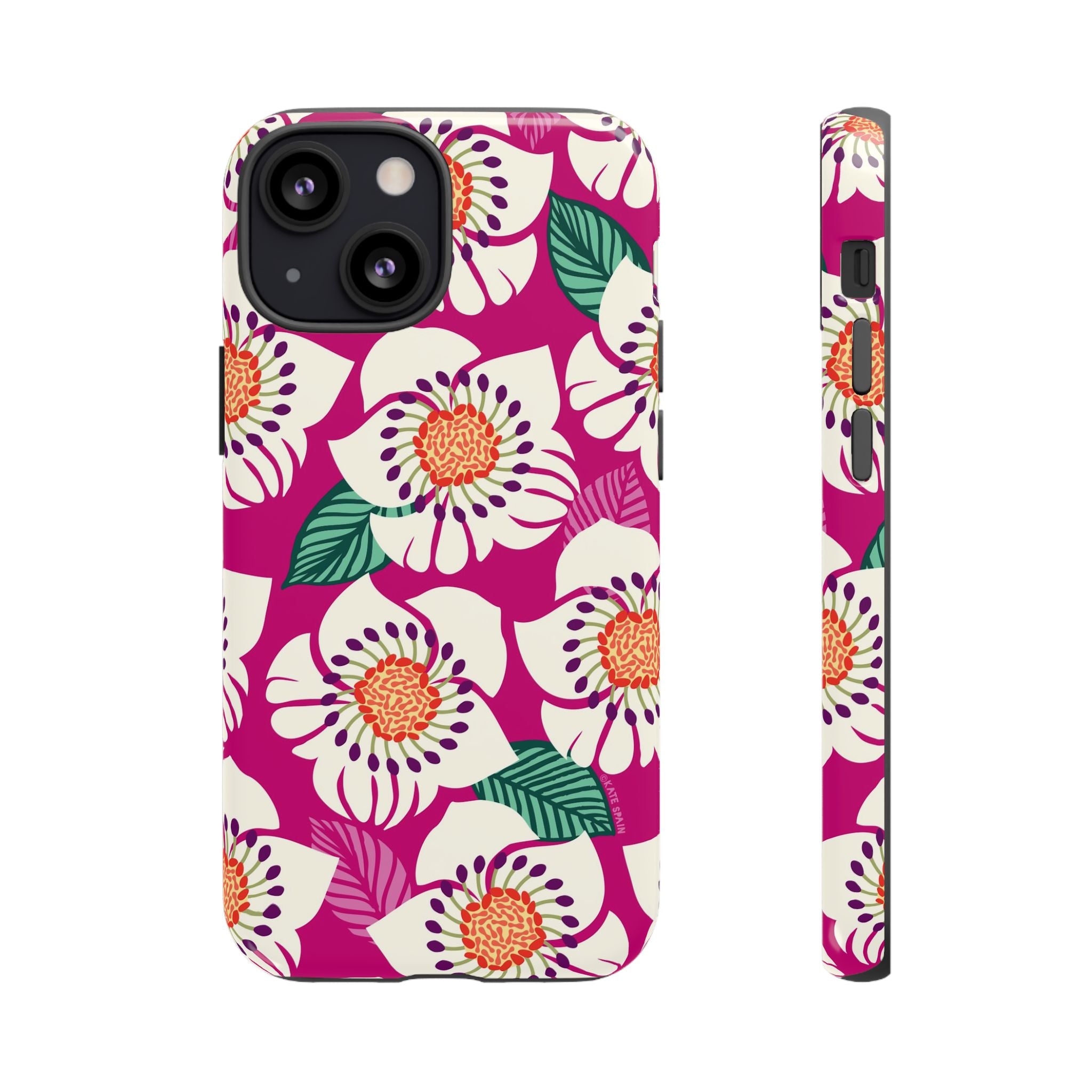 Panache Rose Tough iPhone 13 Mini Case – Glossy | berry, cream white, peach anemone floral print