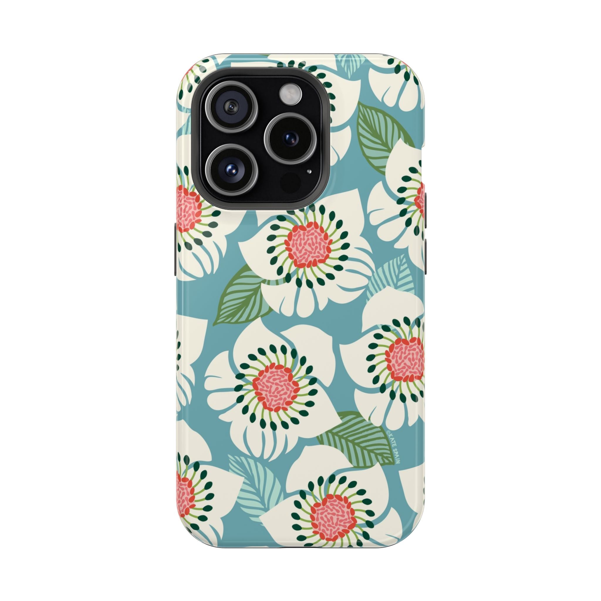 Panache Floral MagSafe iPhone 15 Pro Case – Glossy | sky blue, pale cream, pink anemone floral print