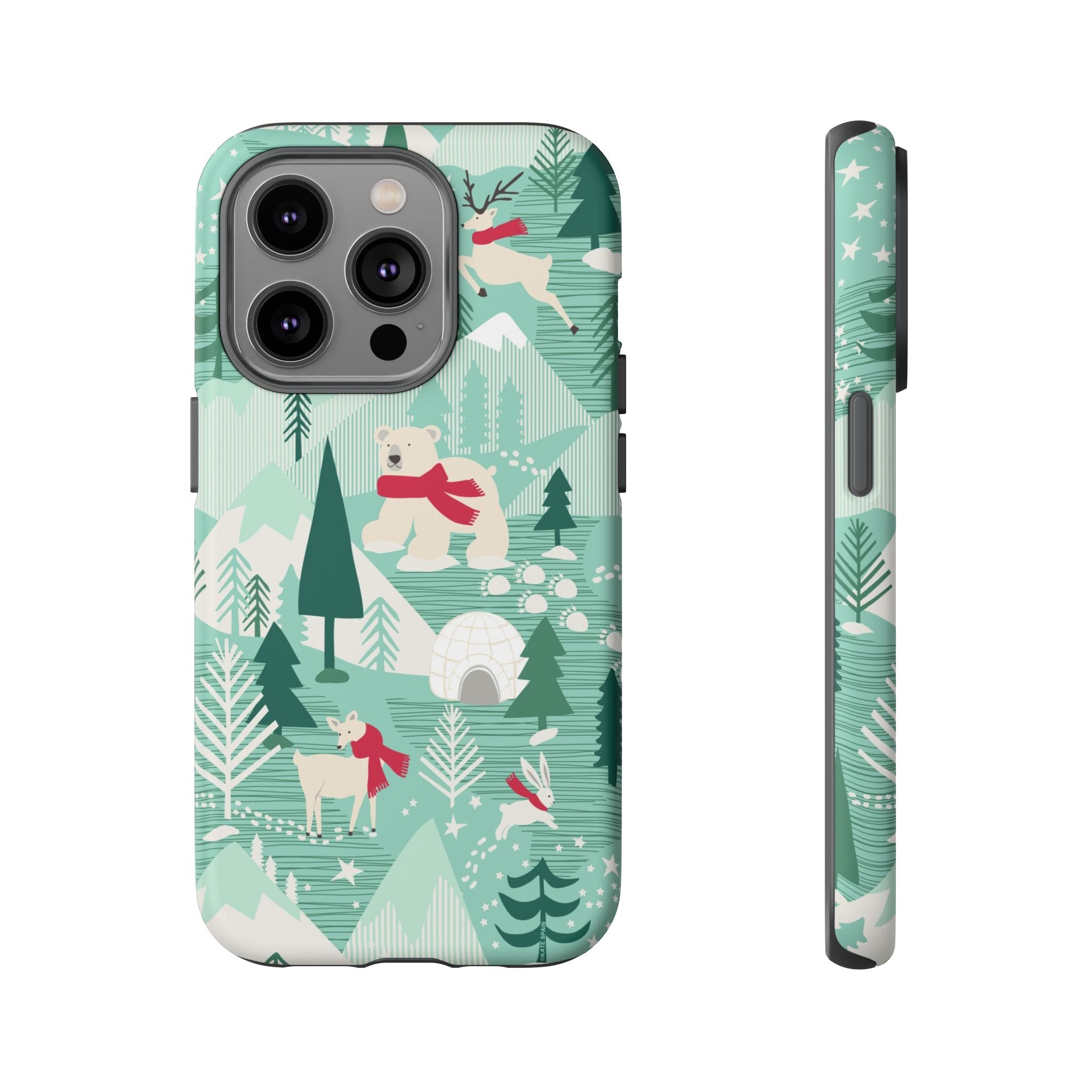 Arctica Winter Tough iPhone 14 Pro Case – Matte | aqua, evergreen, white, animal frolic winter wonderland print