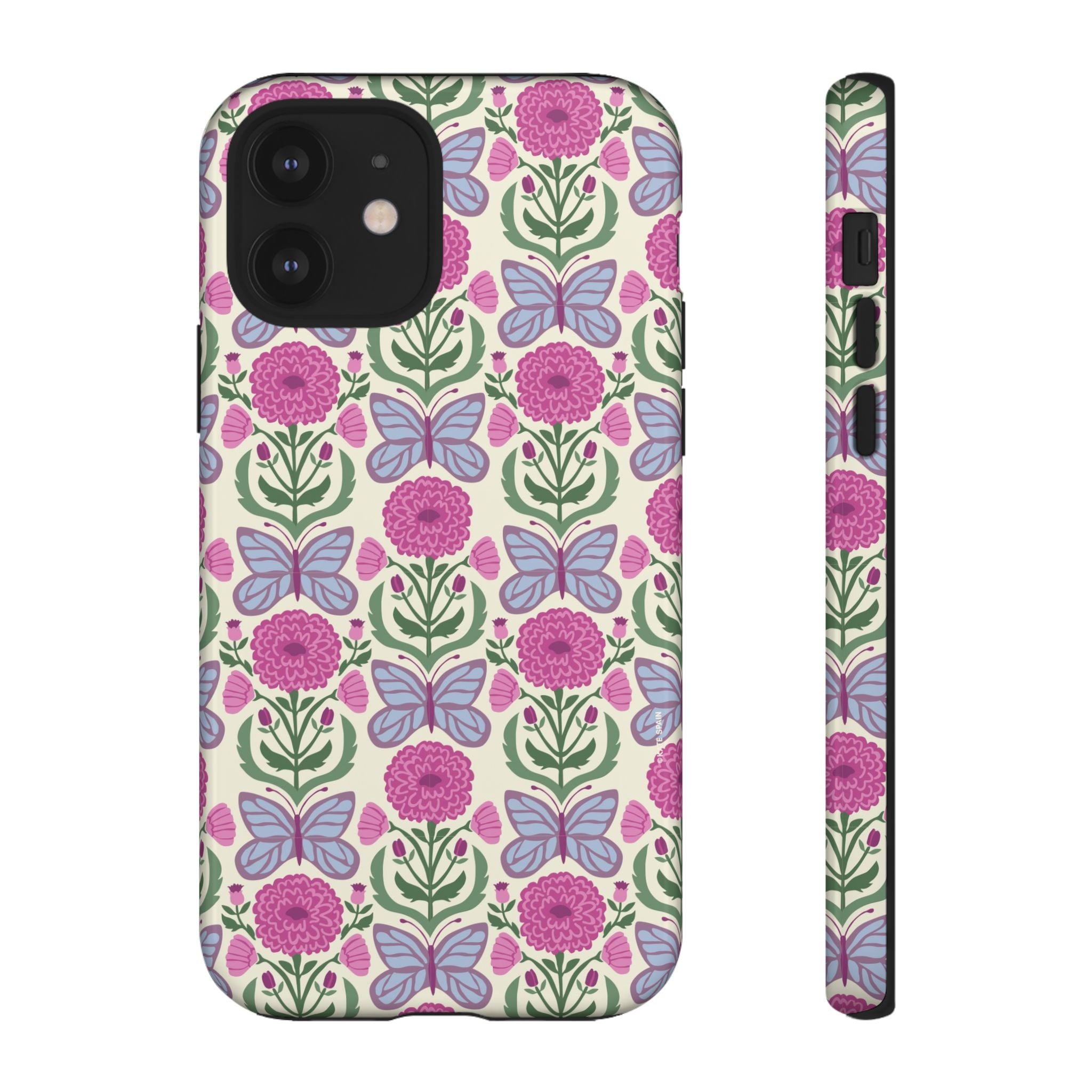 Butterfly Tough iPhone 12 Case – Glossy | cream, magenta, periwinkle butterfly floral print