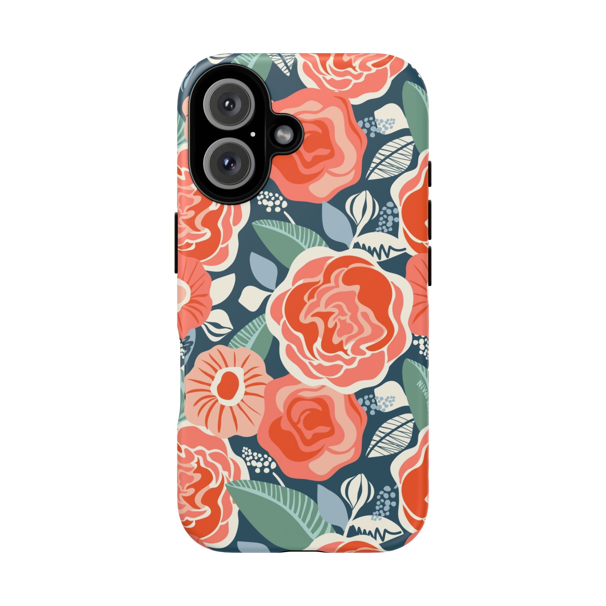 Tea Rose Navy Tough iPhone 16 Plus Case – Glossy | navy, coral, pink, cream rose floral print