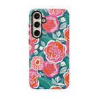 Luxury Tea Rose Teal Samsung Galaxy S24 Plus Case – Matte | teal, coral, pink botanical rose floral print