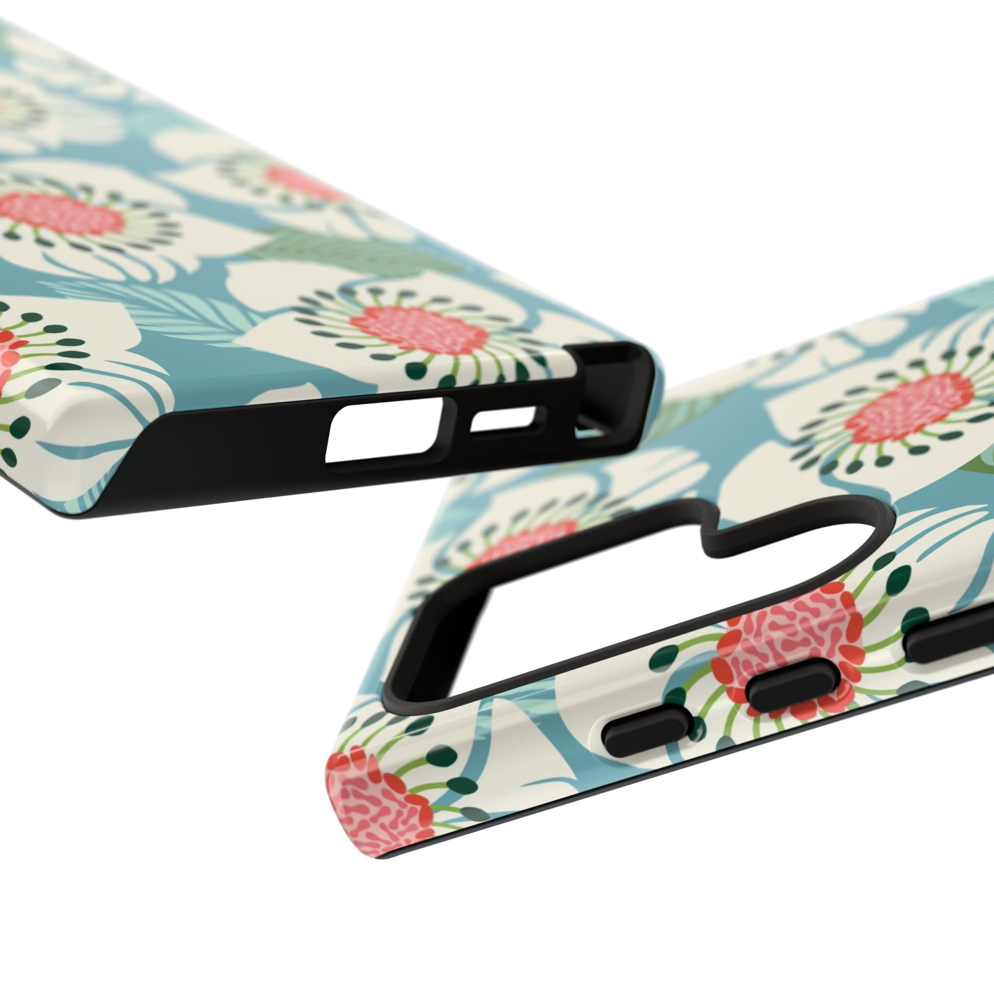 Artistic Panache Samsung Galaxy S24 Ultra Case – Glossy | close-up of sides, buttons, and ports of case in sky blue, pale cream, pink anemone floral print